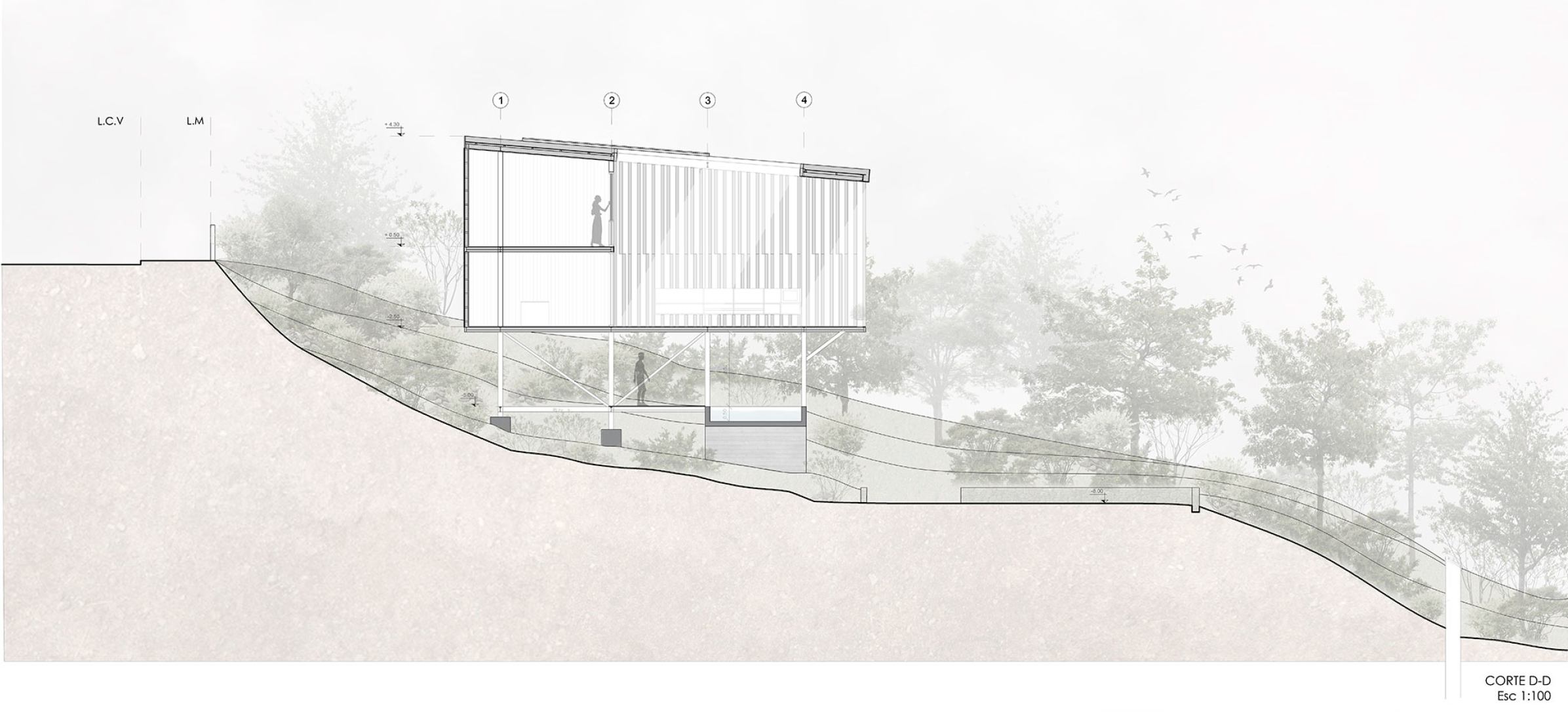 Sección longitudinal. Casa Solar por Pablo Senmartin Arquitectos. 