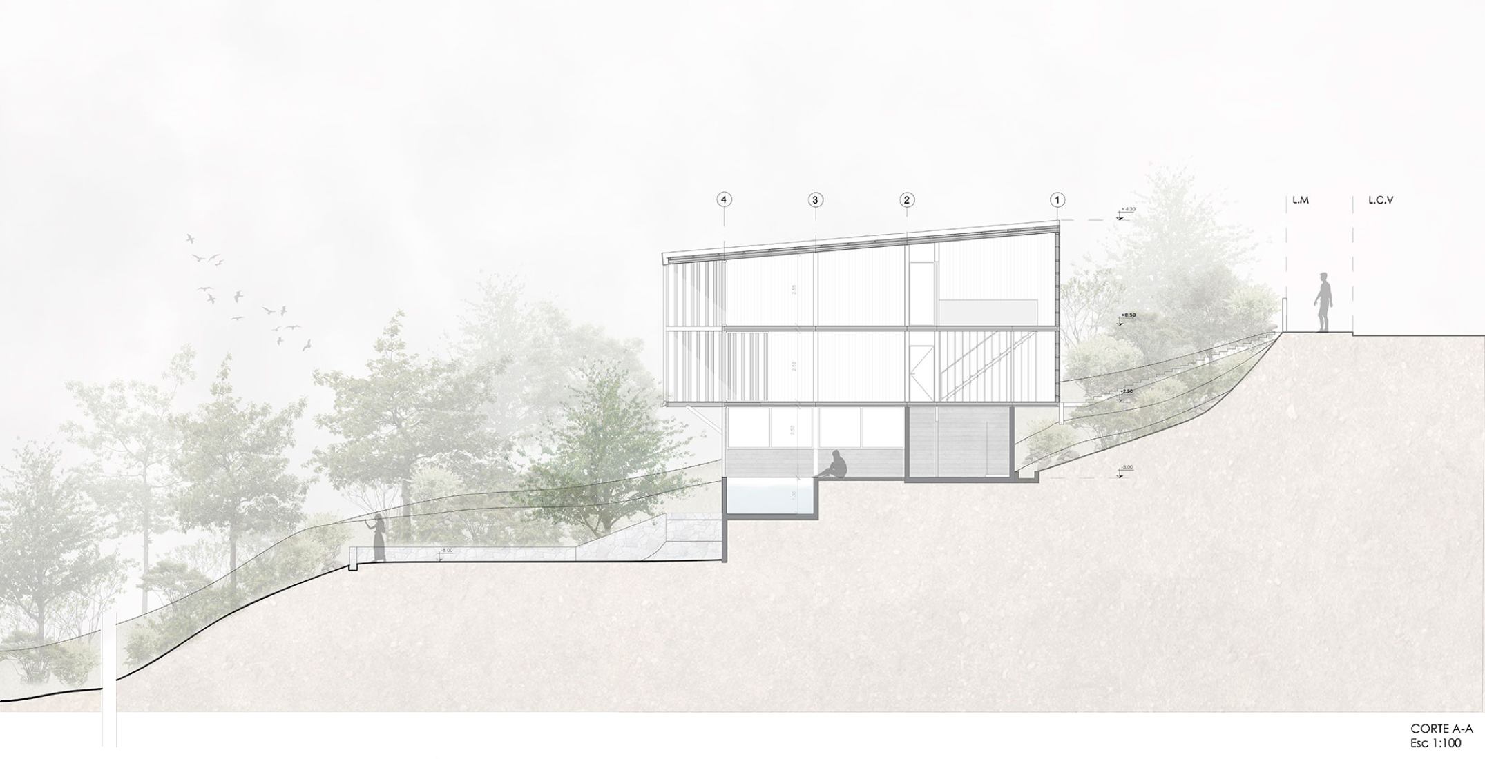 Sección longitudinal. Casa Solar por Pablo Senmartin Arquitectos. 