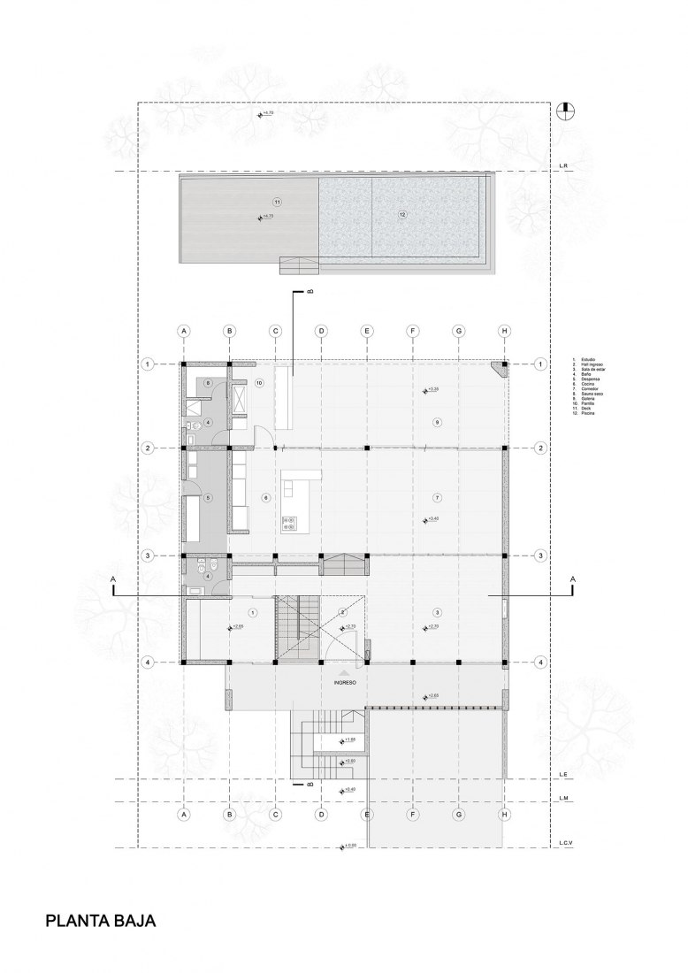 Plano de planta baja. Casa en El Rodeo por Pablo Senmartin Arquitectos. 