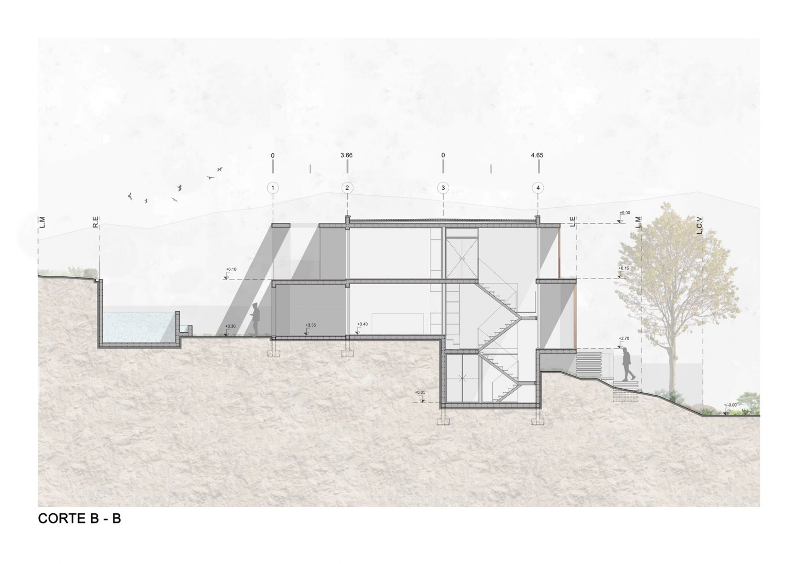 Sección. Casa en El Rodeo por Pablo Senmartin Arquitectos. 
