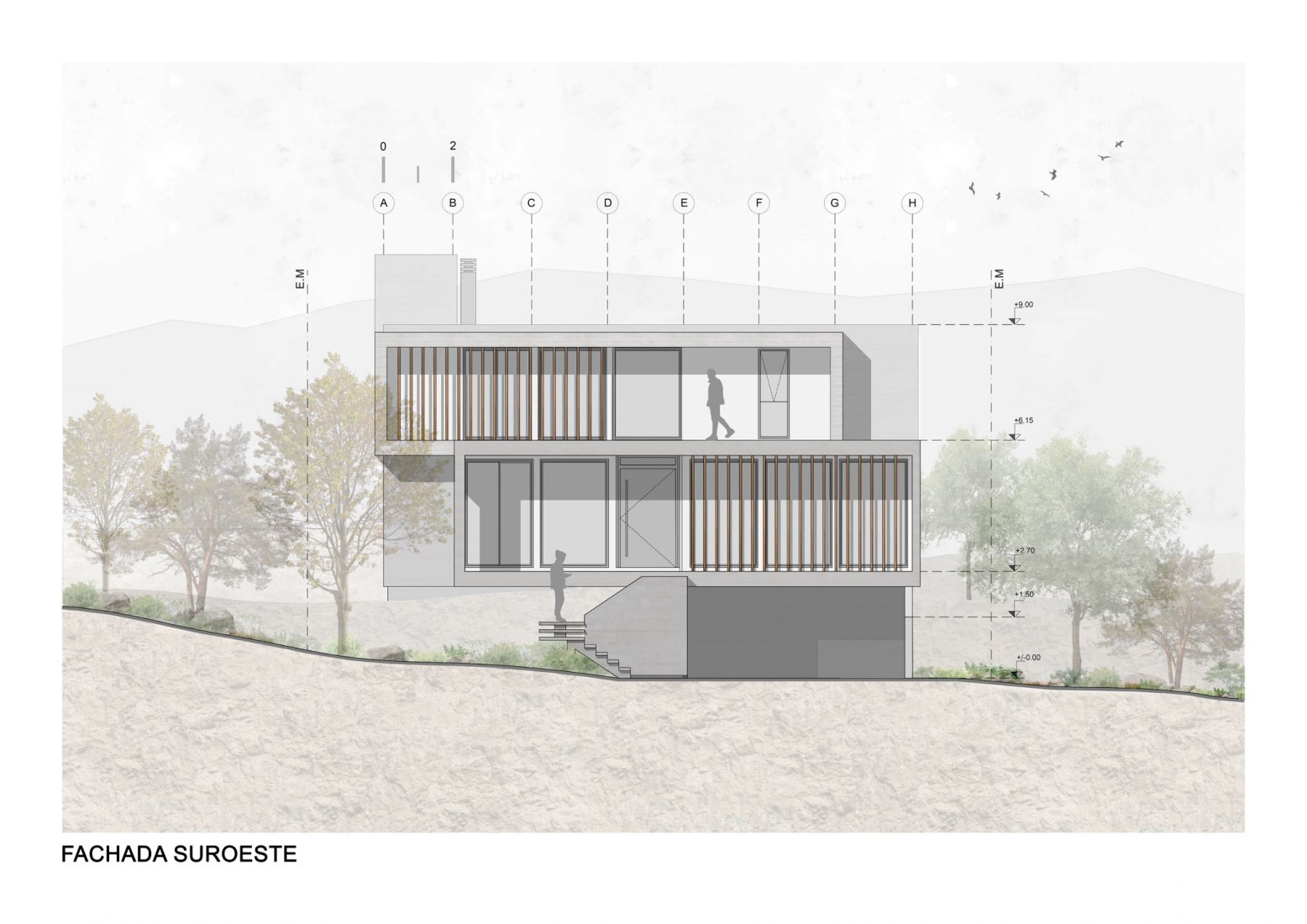 Alzado suroeste. Casa en El Rodeo por Pablo Senmartin Arquitectos. 