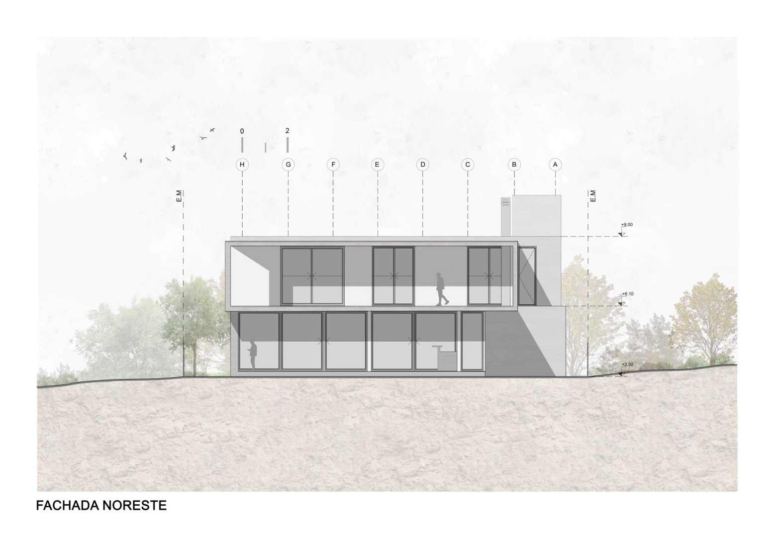 Alzado noreste. Casa en El Rodeo por Pablo Senmartin Arquitectos. 