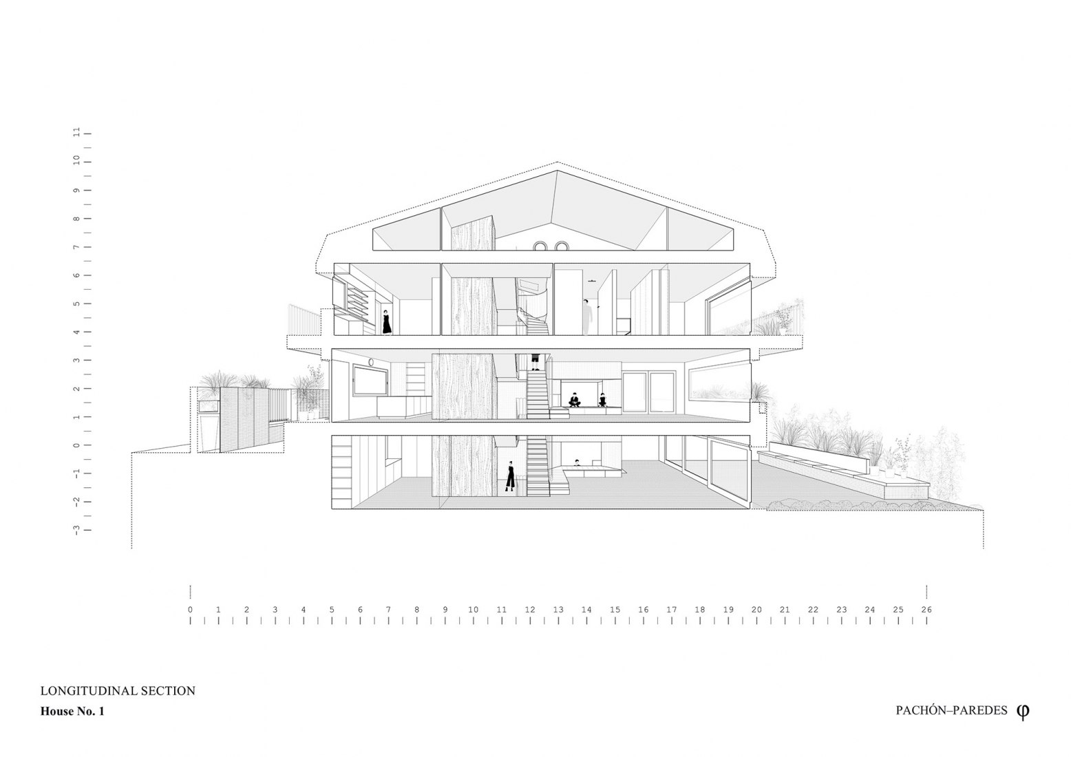 Sección longitudinal. Casa No. 1 por Pachón–Paredes.
