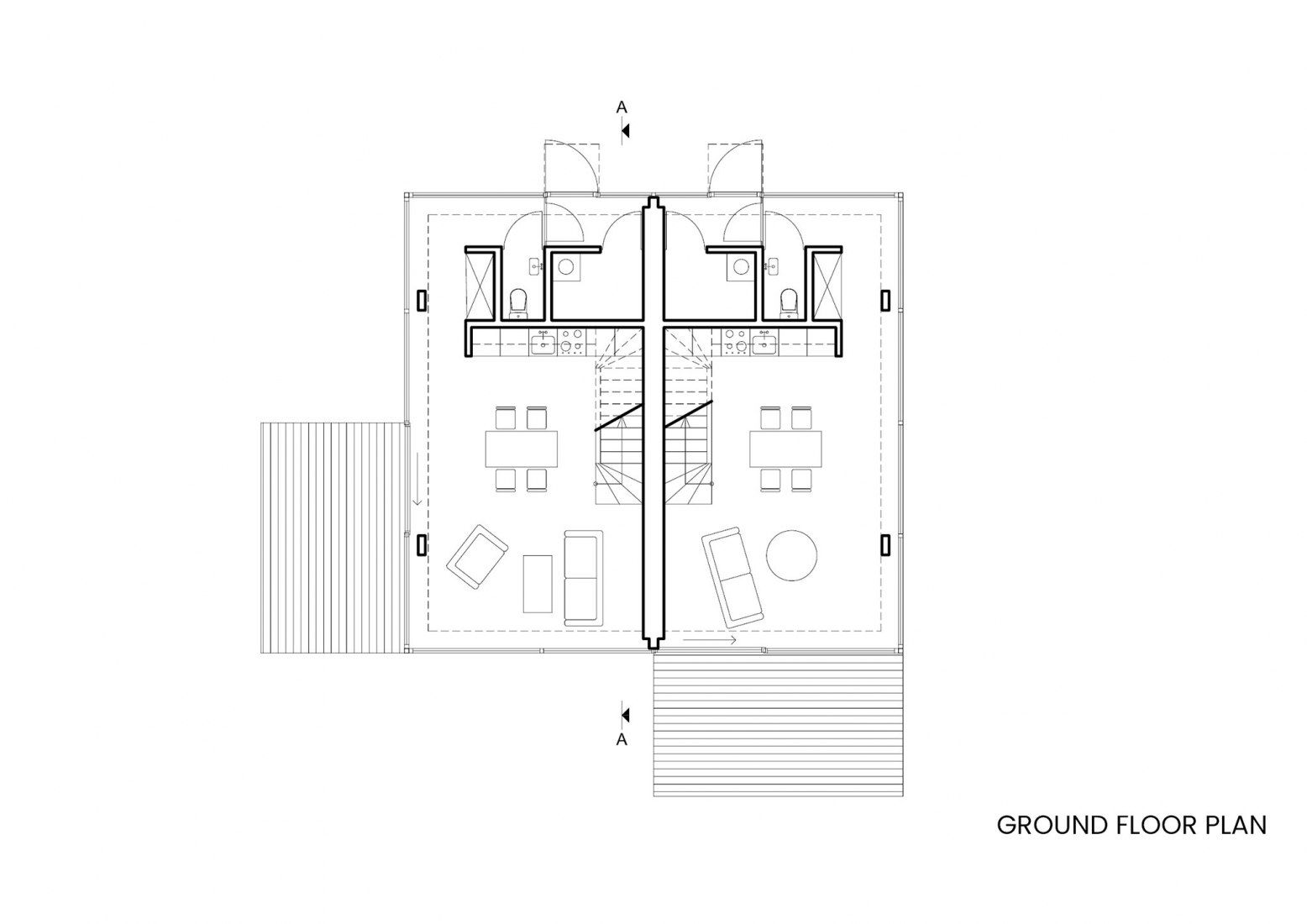 Ground floor plan. Pasaku st. houses by Paleko architektų studija.