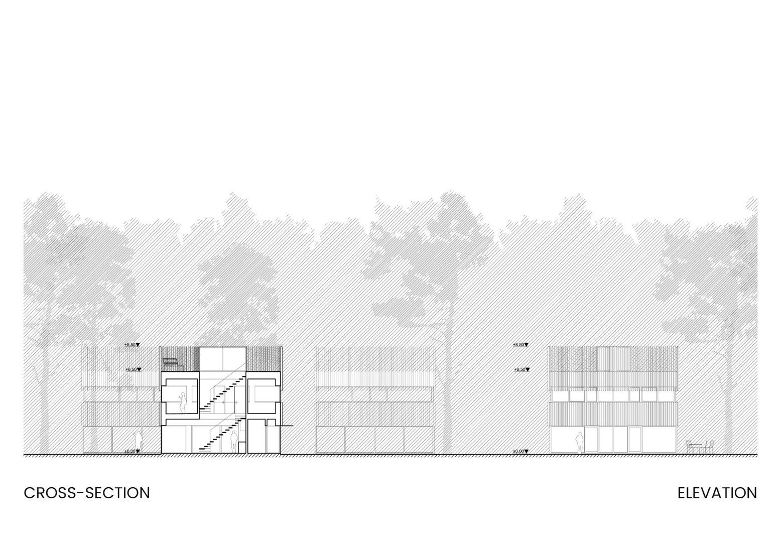 Section and elevation. Pasaku st. houses by Paleko architektų studija.