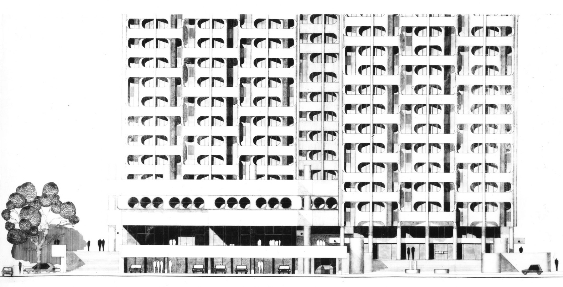 Residential and Commercial Complex in Grunwaldzki Square. Facade elevation.