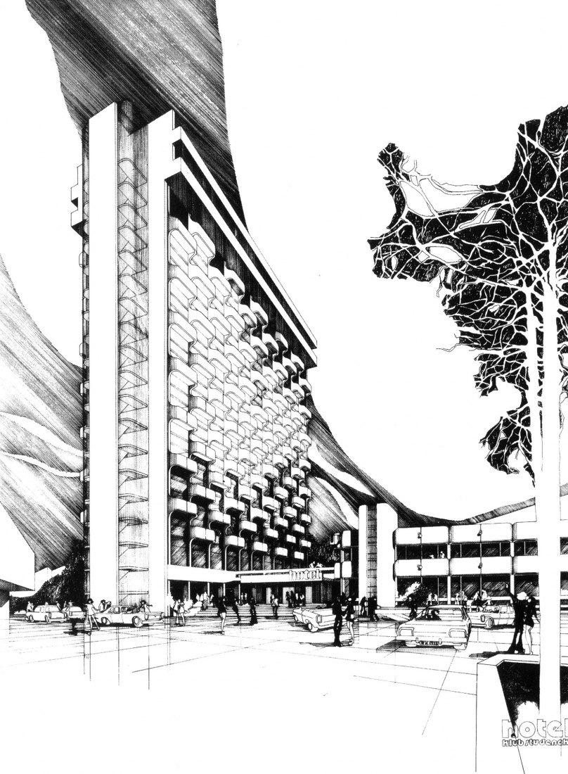 Student Hotel in Grunwaldzki Square (1970-72). Perspective Drawing.