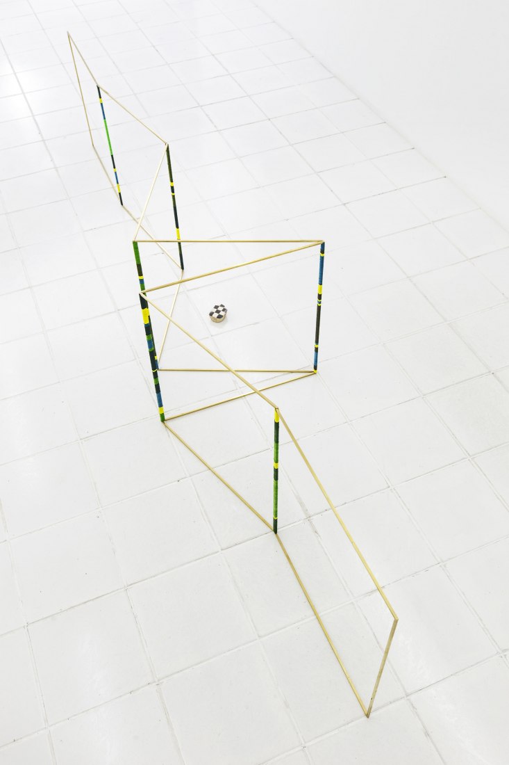 Claudia Peña Salinas (b. 1975), Cuecan, 2017. Brass, dyed cotton, and stone, 24 × 124 in. (61 × 315 cm). Collection of the artist