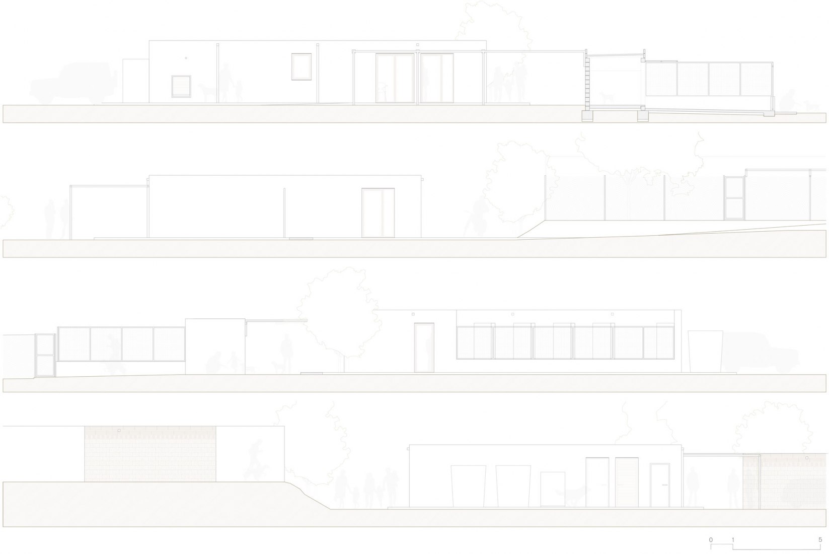 Planos de alzados de los edificios. Nuevo refugio de animales para A.D.P.C.A. por Pérez + Usabiaga Arquitectura.