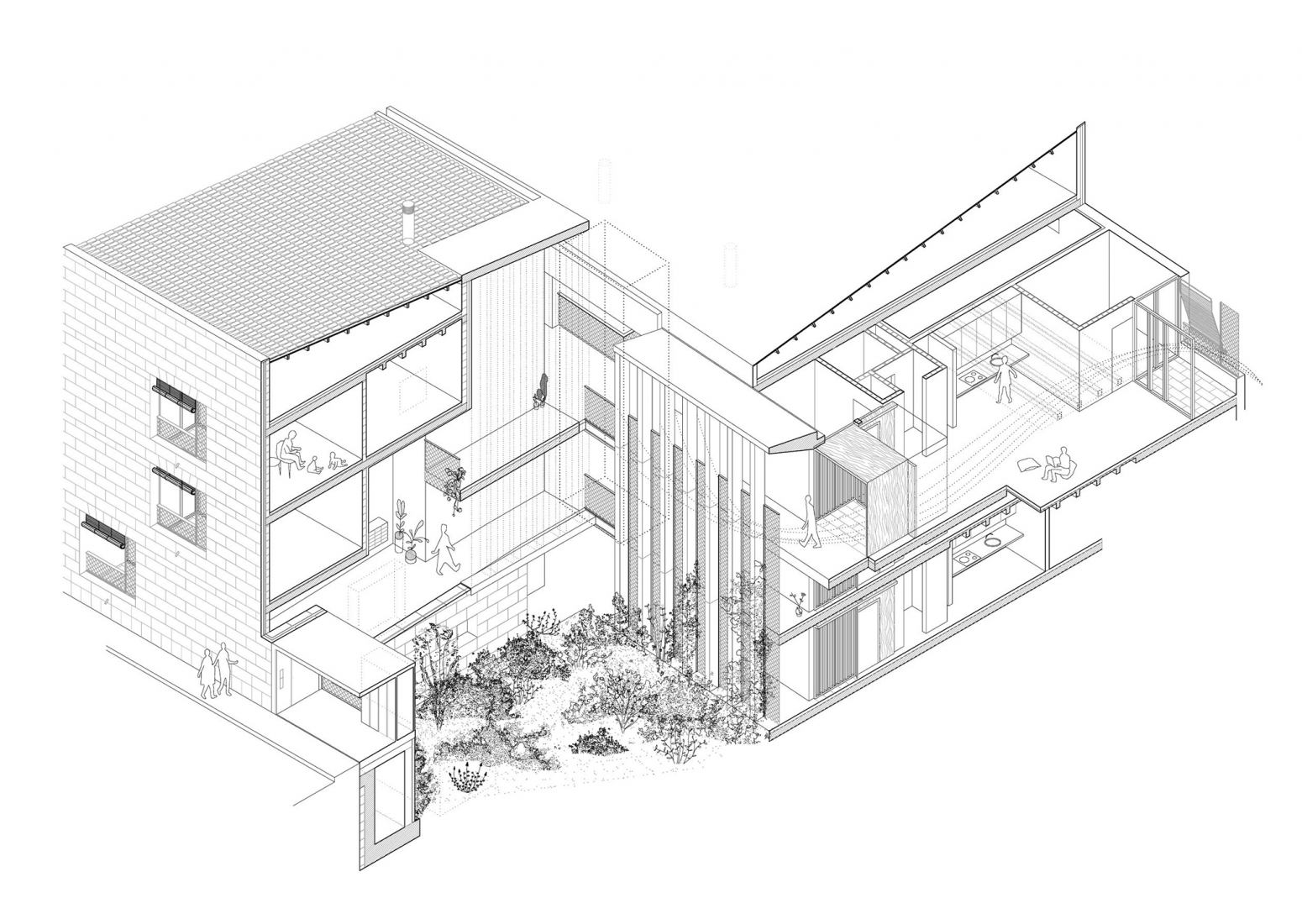 Axonometric. LIVING IN LIME - 42 social housing in Son Servera by Peris + Toral Arquitectes.