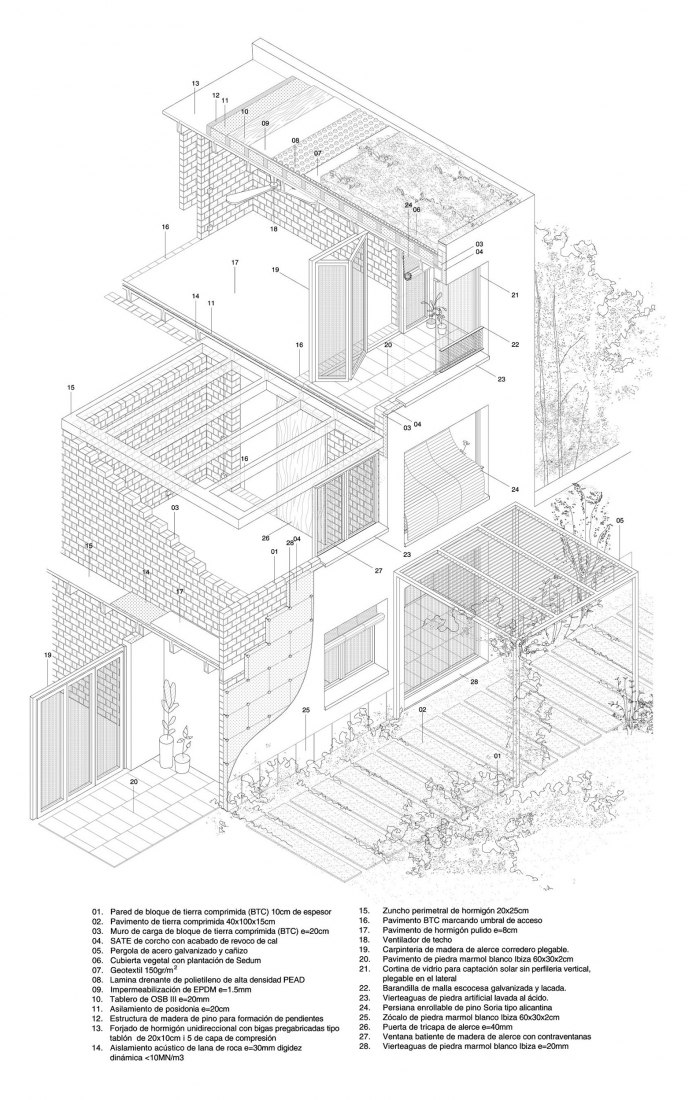 Constructive axonometry. Social Housing in Ibiza by Peris+Toral Arquitectes.