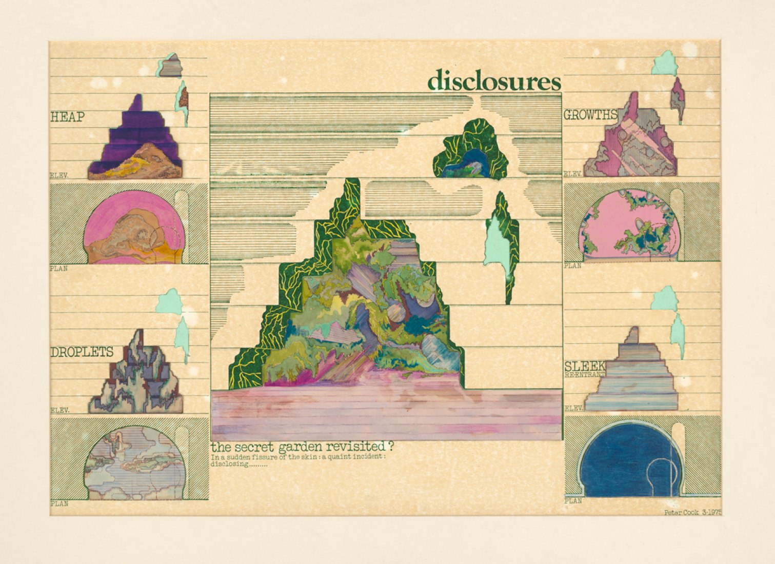 Diclosures: the secret garden revisited por Peter Cook. Papel, rotulador, lápices de colores, acuarela, collage. 1975. 44,8 x 63,0 mm. Imagen © Peter Cook