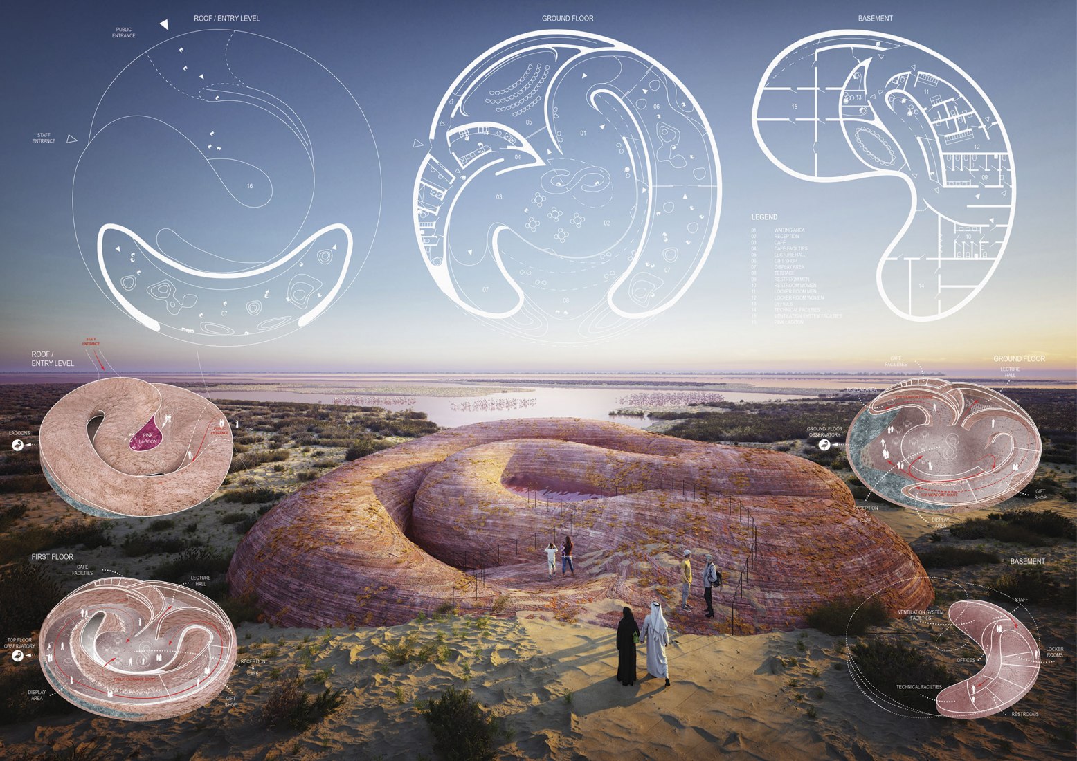 Composición de paneles. Centro de visitantes de Flamingos de Abu Dhabi por Petr Janda.