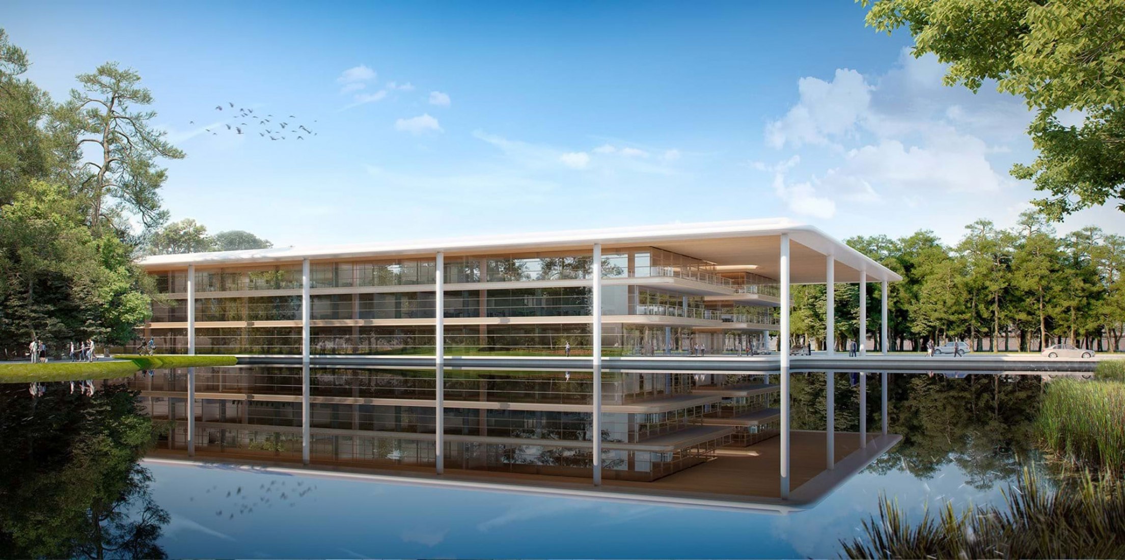 Exterior view, from lake. Rendering © Foster + Partners
