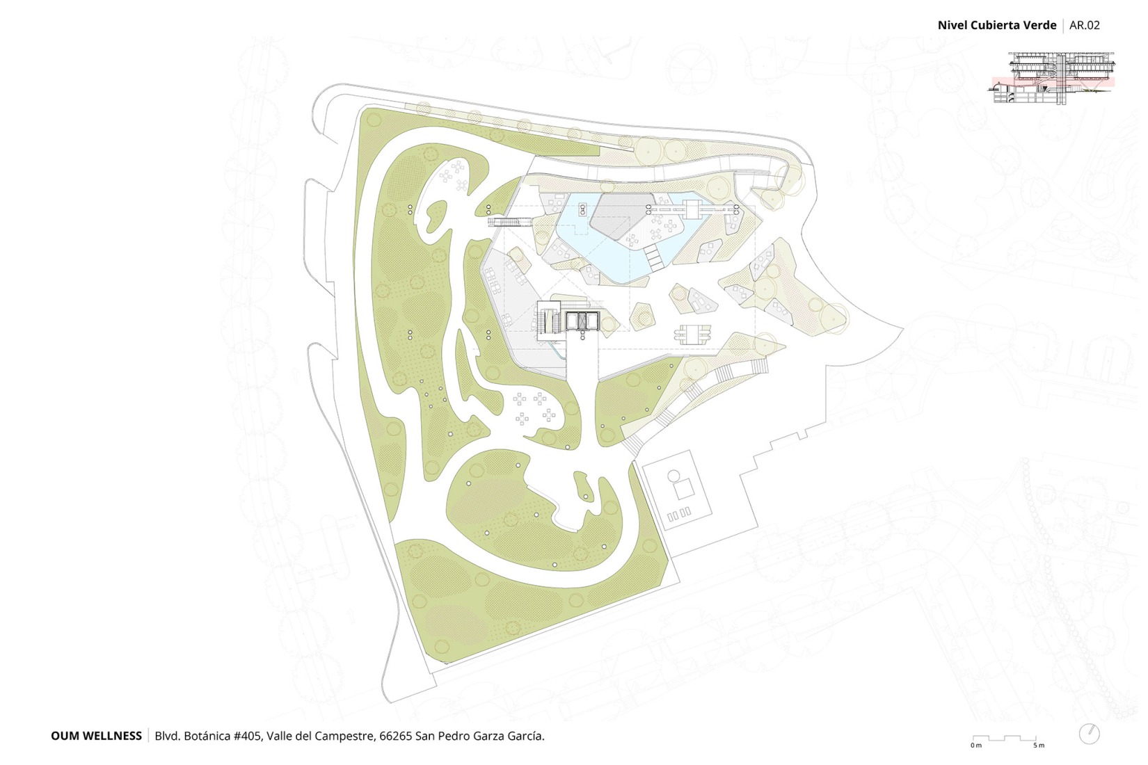 Plano de planta nivel de cubierta verde. OUM Wellness por Picharchitects/PichAguilera.