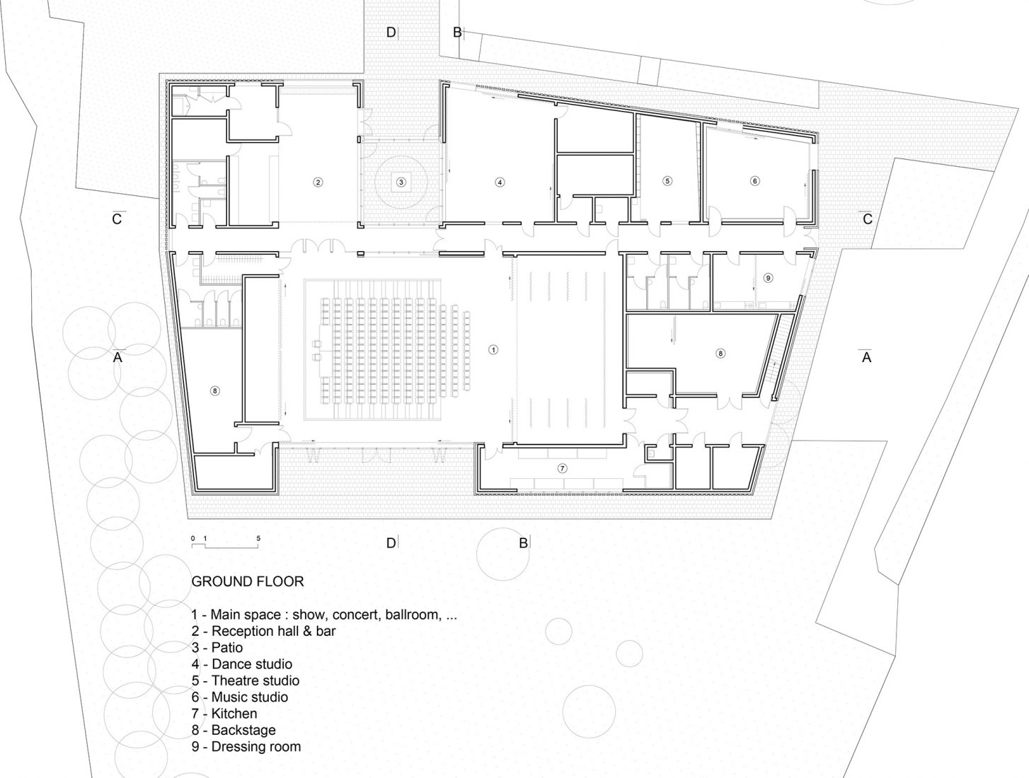 Ground floor site. Pierres Blanches Cultural center by RAUM architects.