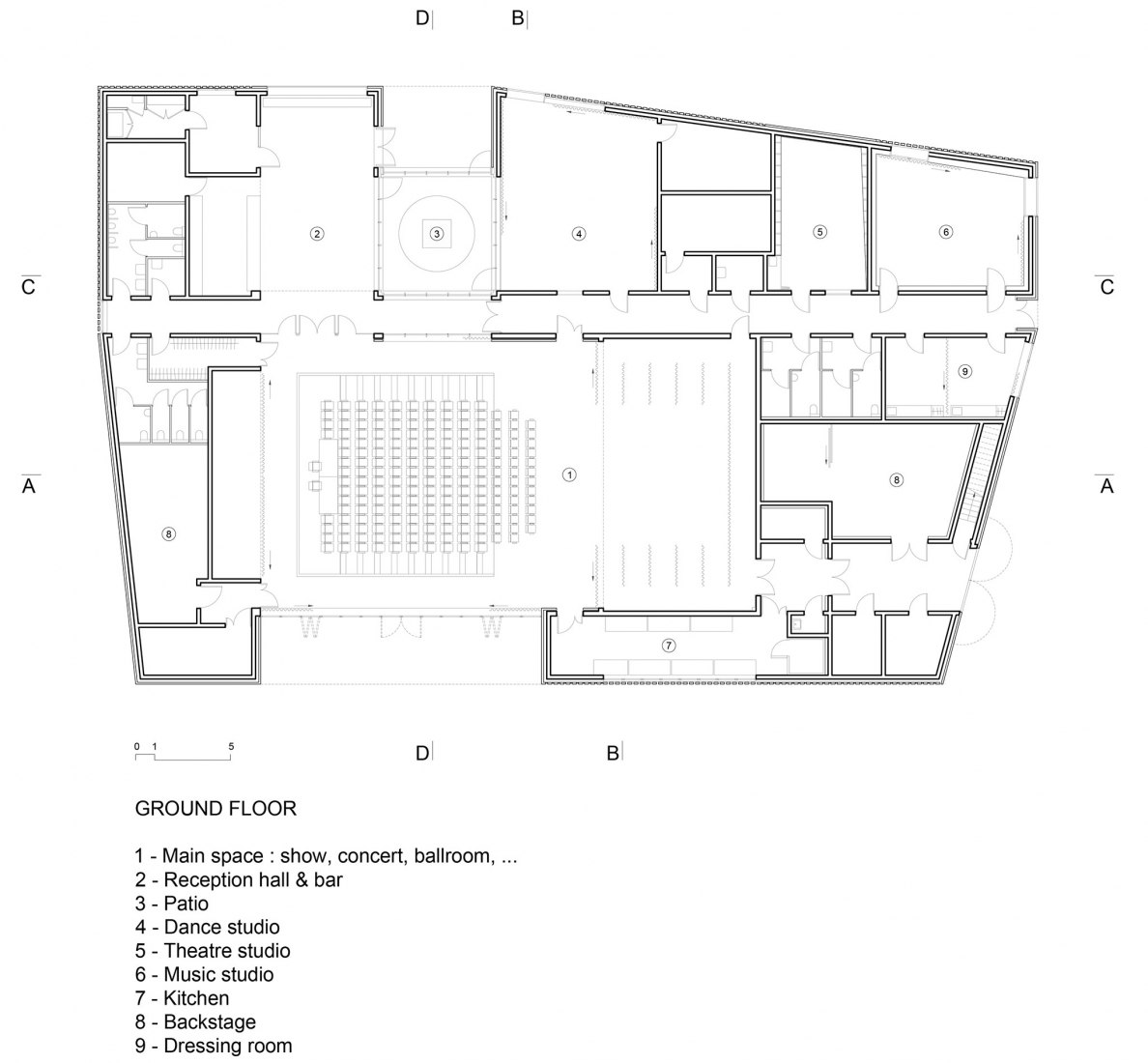 Ground floor. Pierres Blanches Cultural center by RAUM architects.
