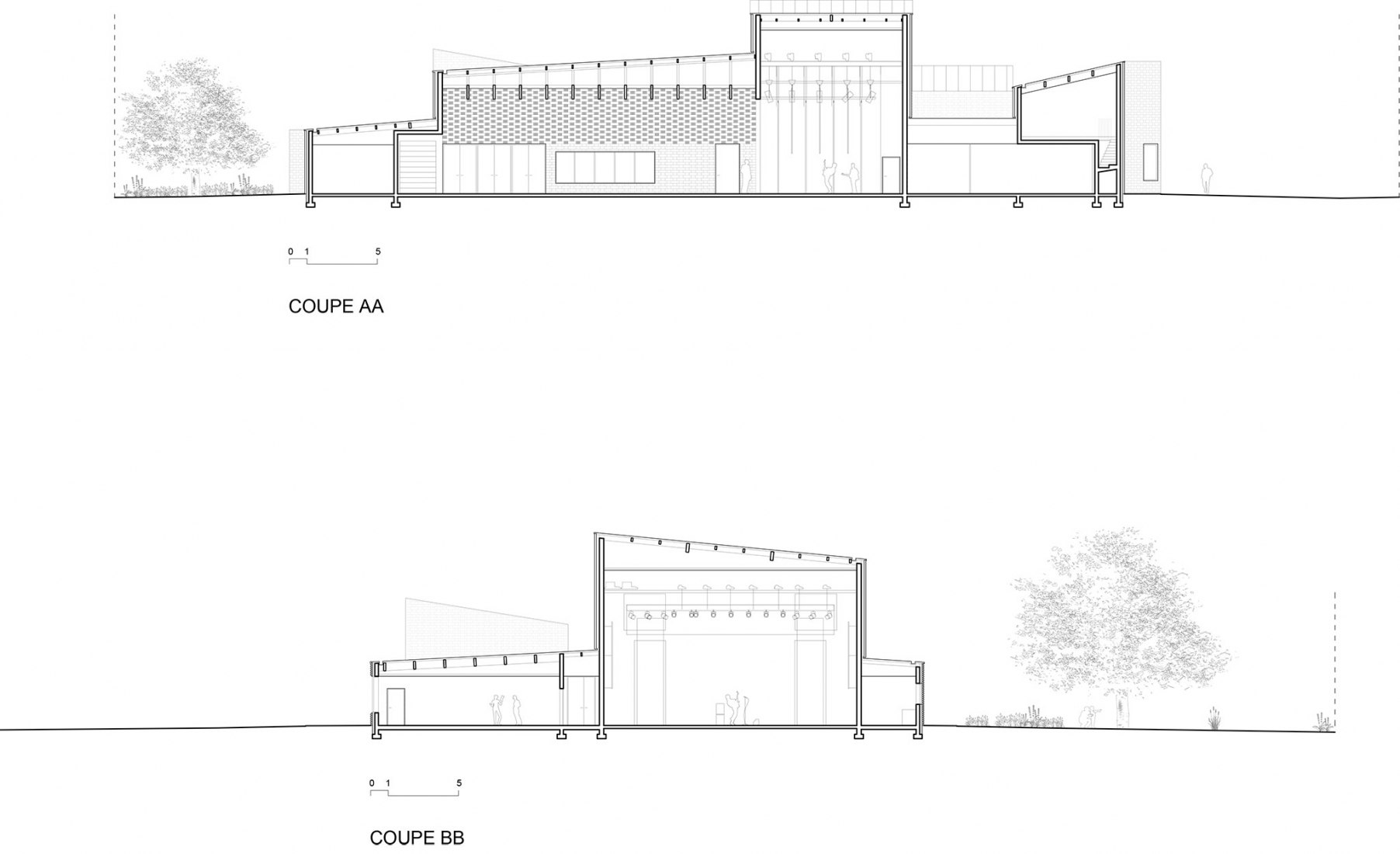 Sections. Pierres Blanches Cultural center by RAUM architects.