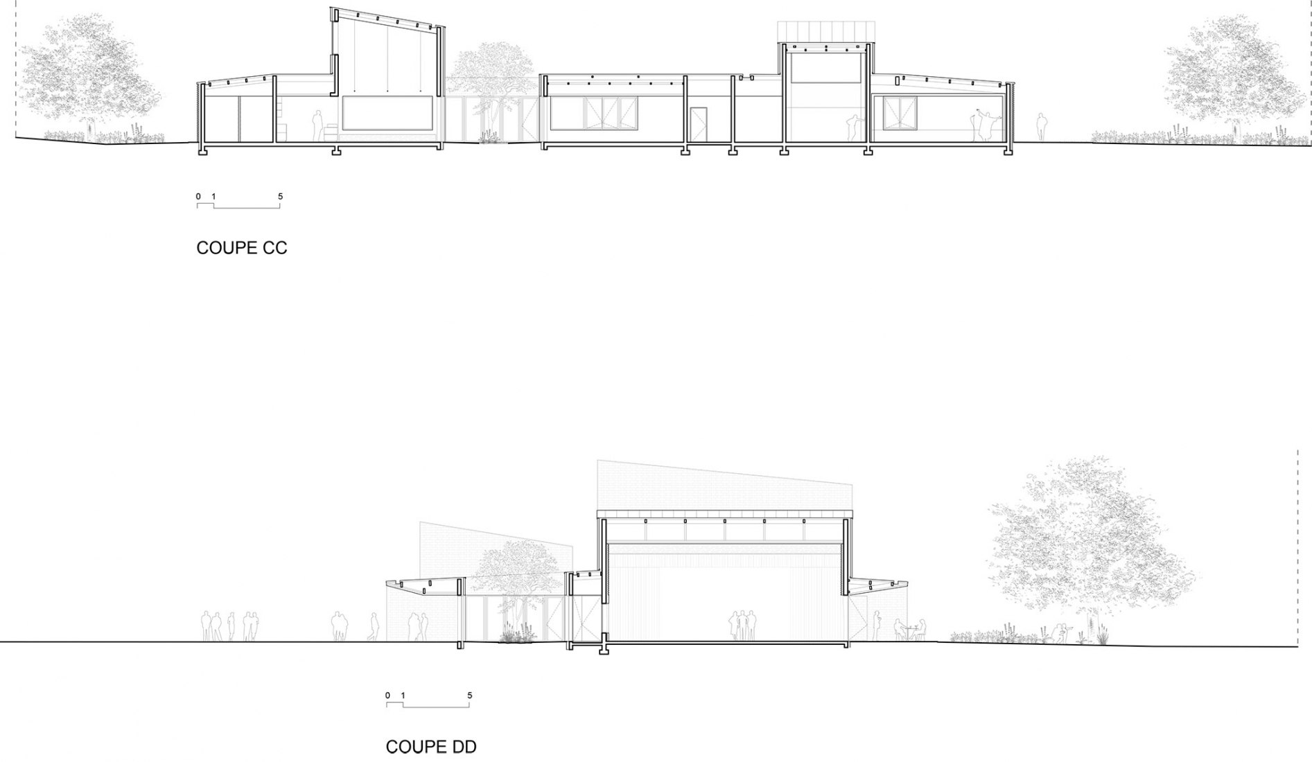 Sections. Pierres Blanches Cultural center by RAUM architects.