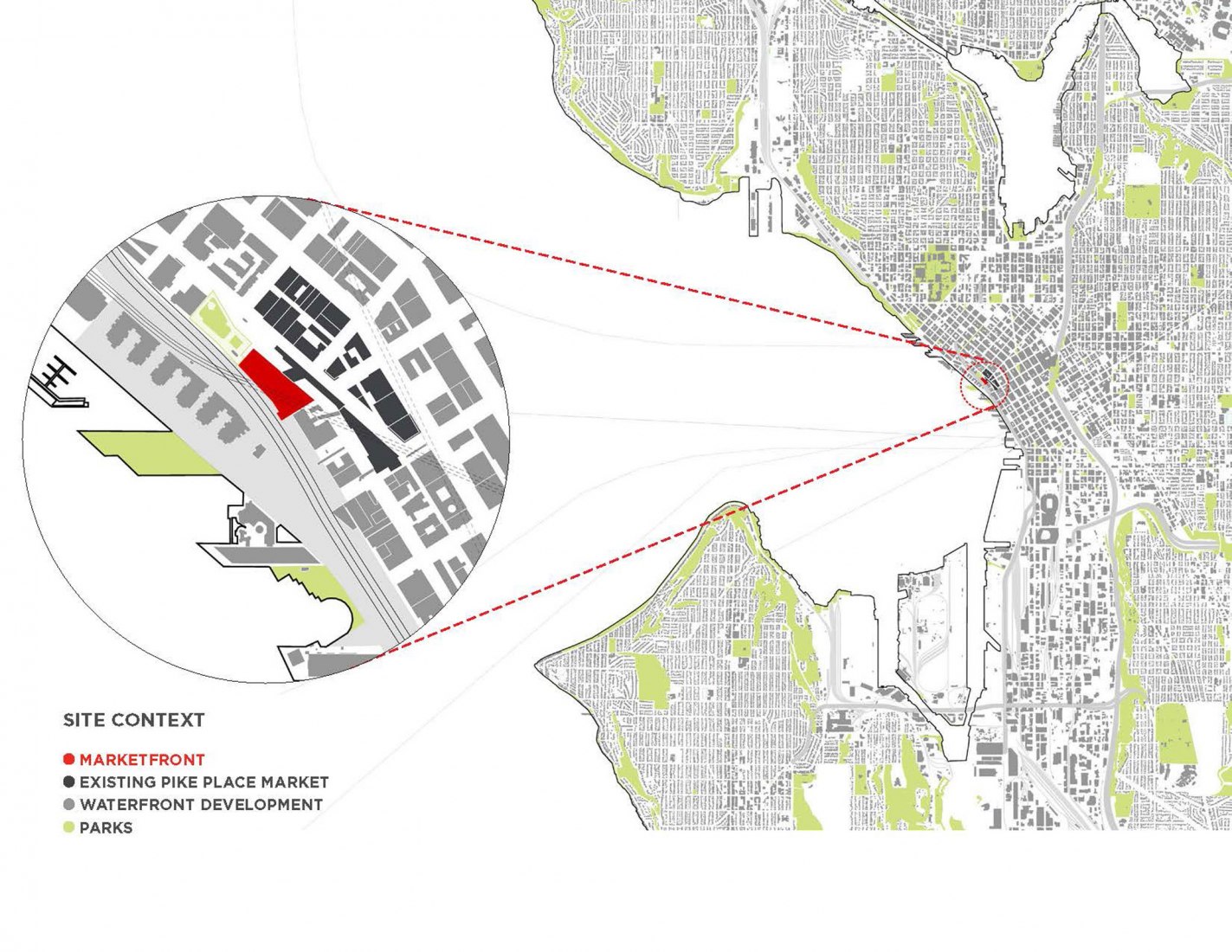 Planta de situación. Contexto del lugar. Pike Place MarketFront por The Miller Hull Partnership, LLP.