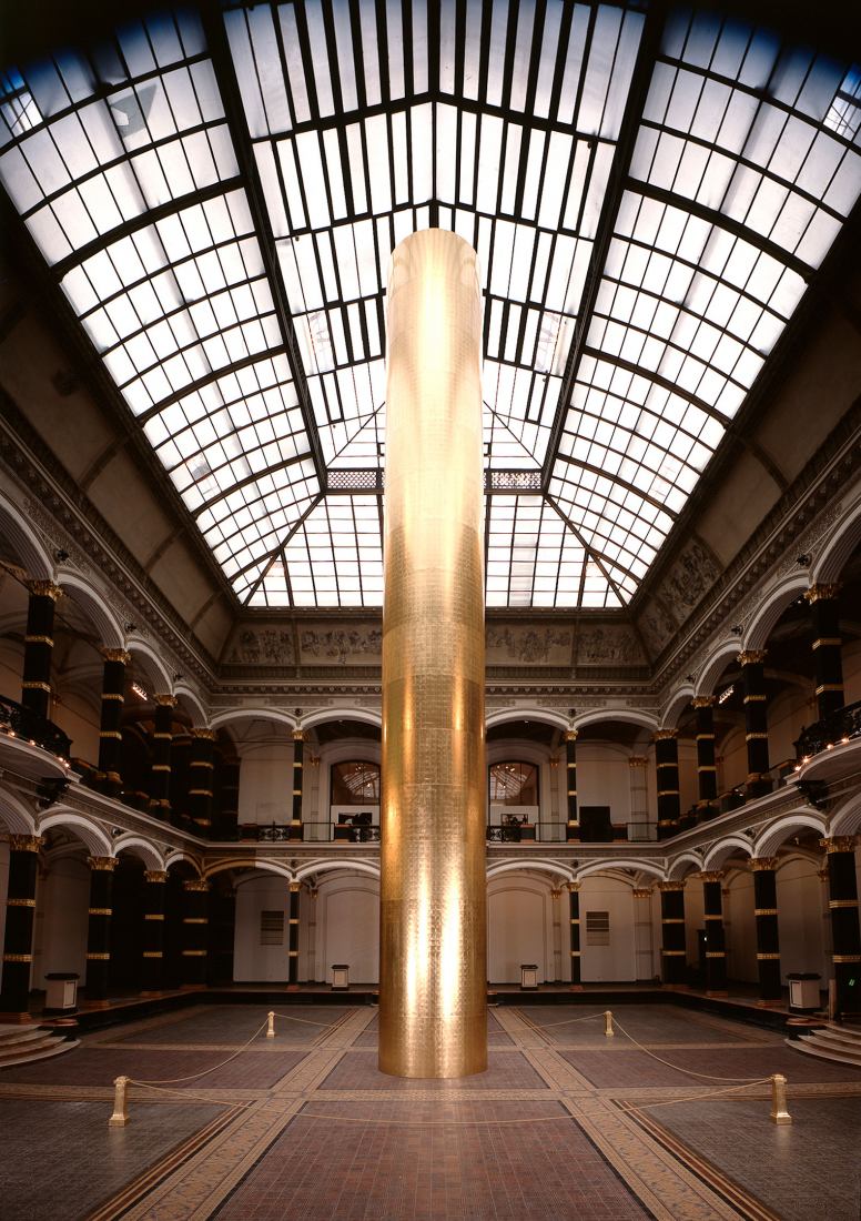 The Golden Tower by James Lee Byars, 1990. Gilded steel. Installation view, Martin Gropius-Bau, Berlin, 1990. The Estate of James Lee Byars, courtesy Michael Werner Gallery, New York and London.