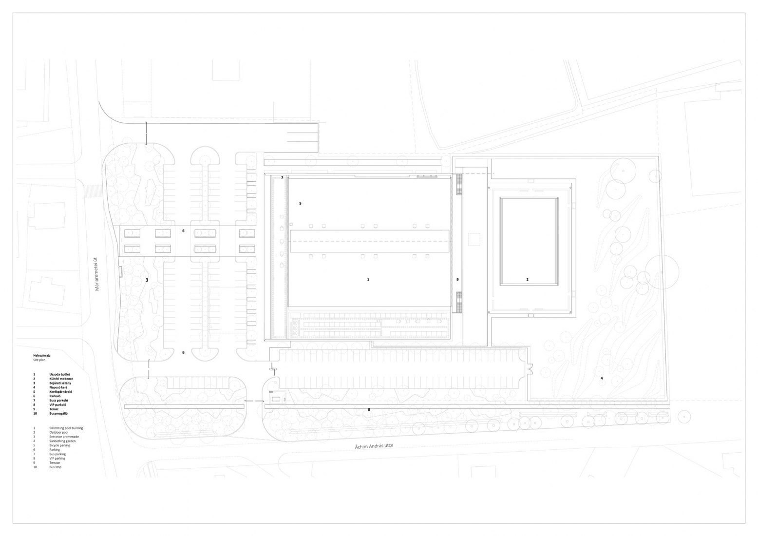 Plano de situación. Piscina pública en Budapest por Plant-Atelier Péterkis Kft y Tecton Kft
