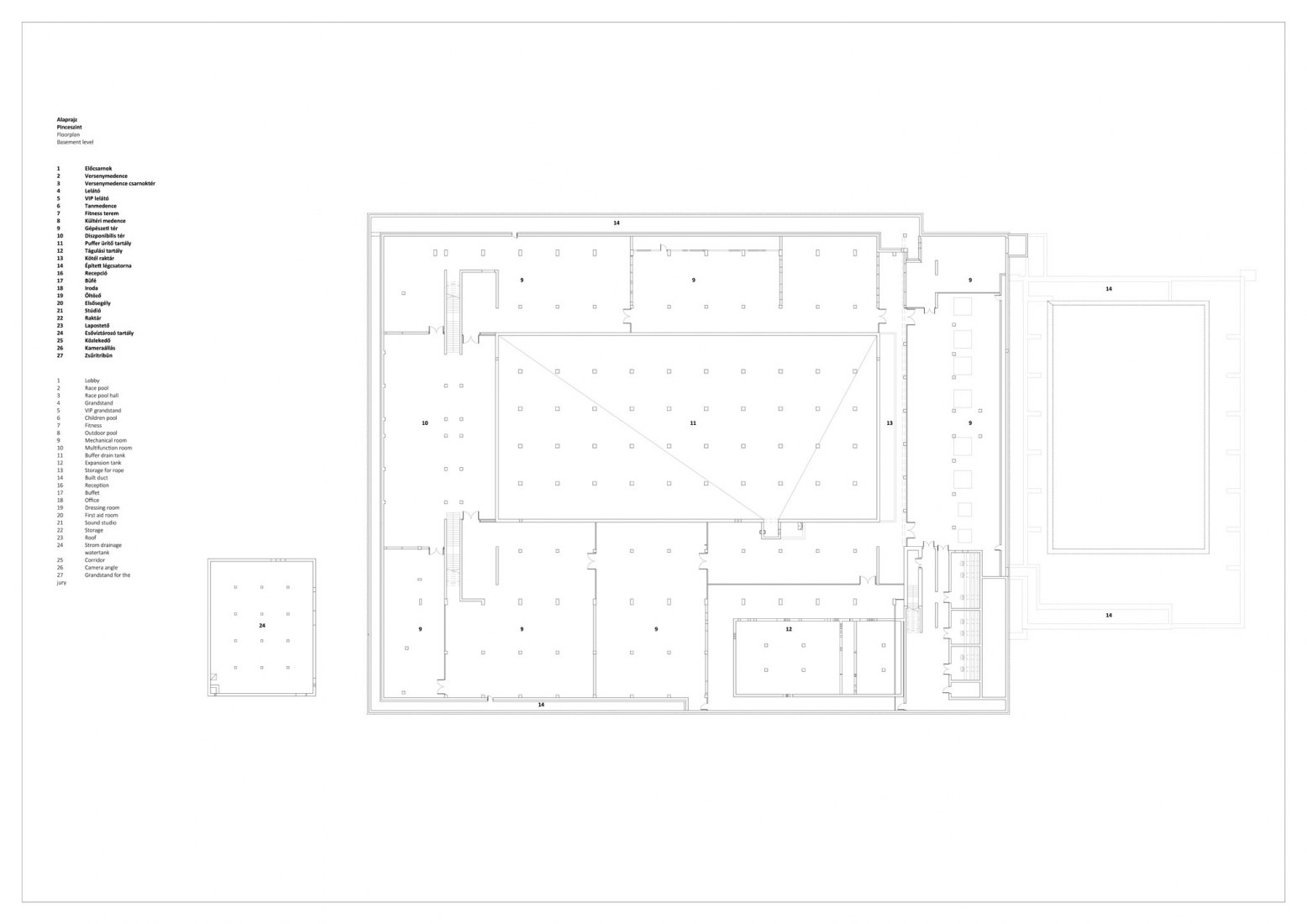 Plano planta sótano. Piscina pública en Budapest por Plant-Atelier Péterkis Kft y Tecton Kft