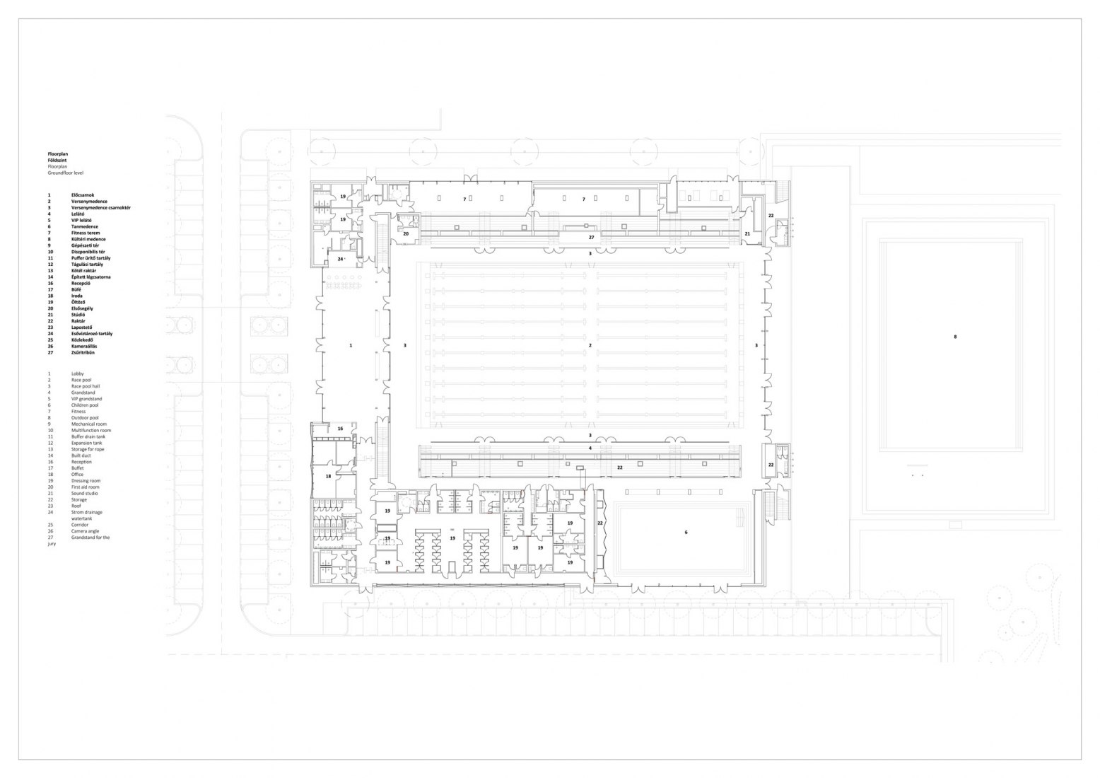 Plano planta baja. Piscina pública en Budapest por Plant-Atelier Péterkis Kft y Tecton Kft
