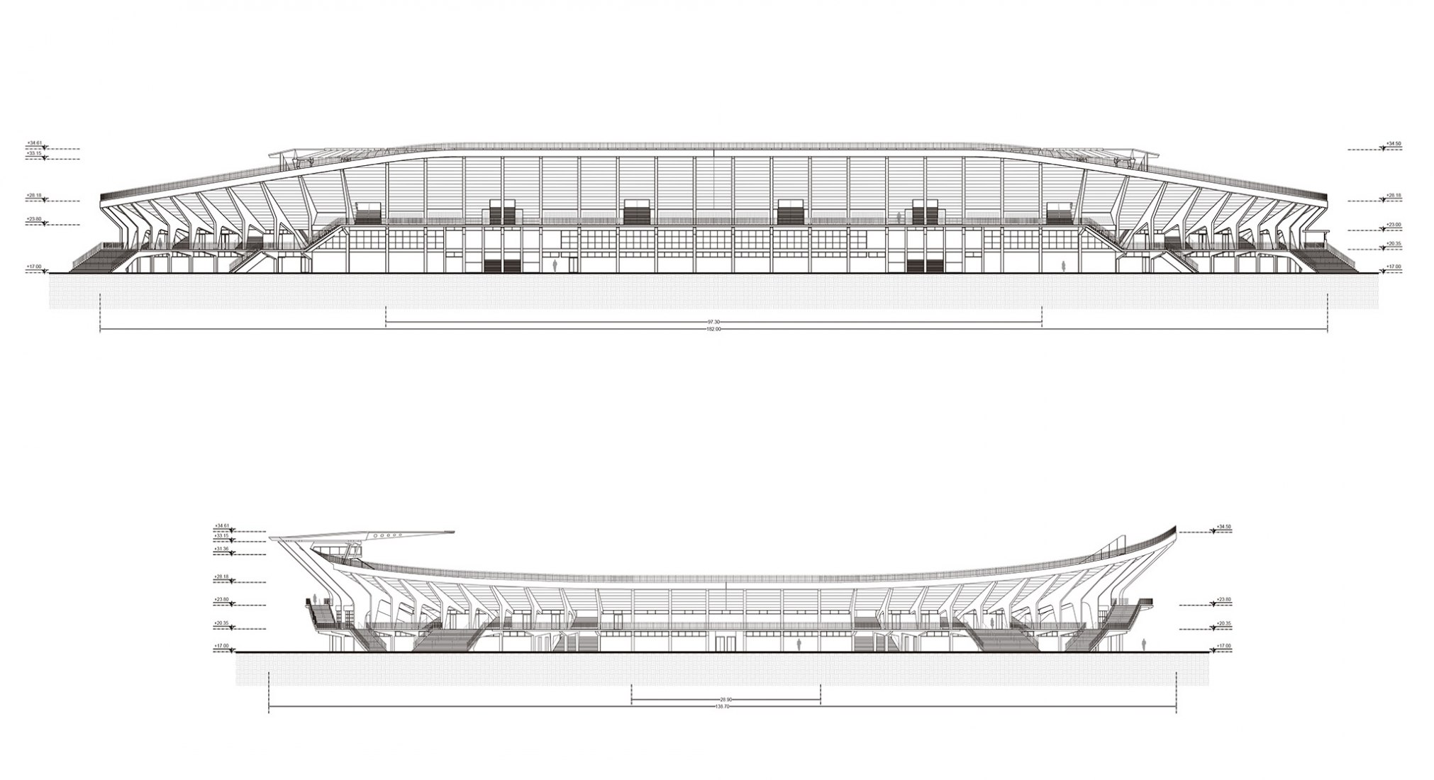 Alzados este y sur, vista de la tribuna exterior descubierta. 