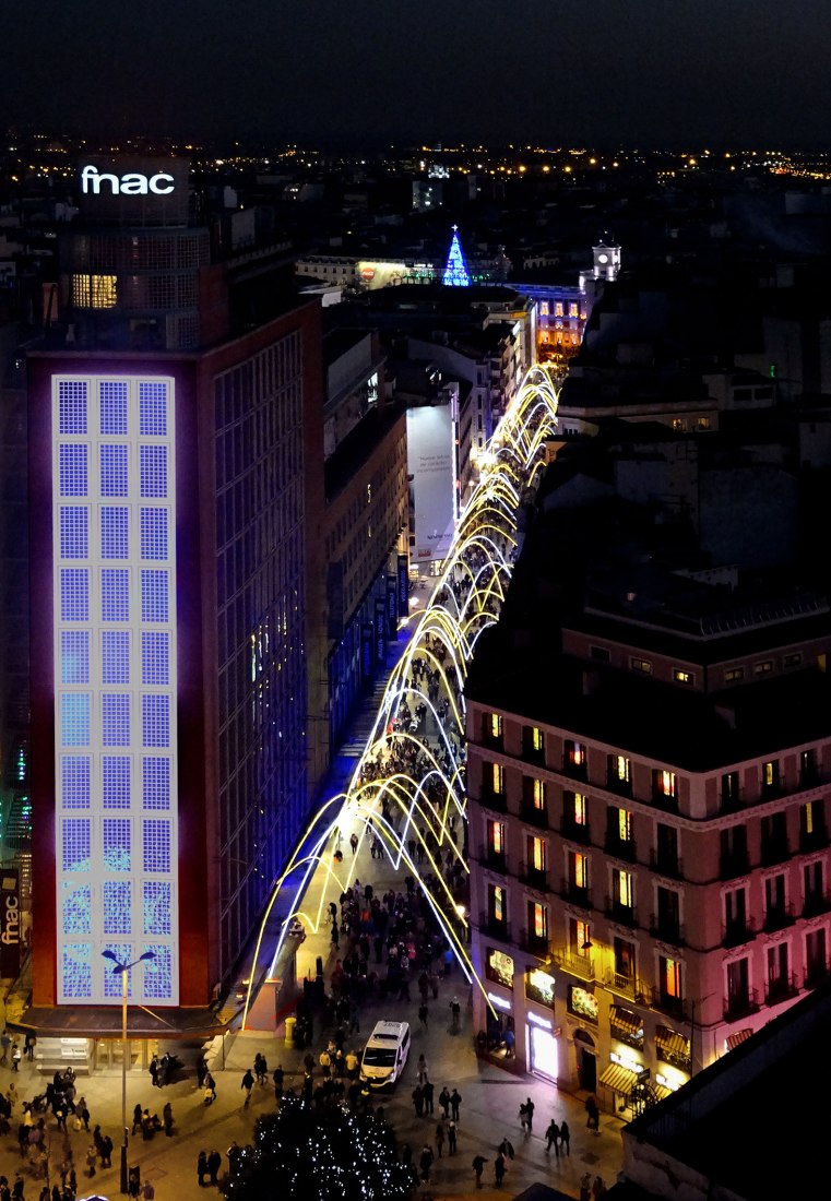 Aerial view. Preciados St Lighting by Sergio Sebastián. Photograph © Irene Ruiz
