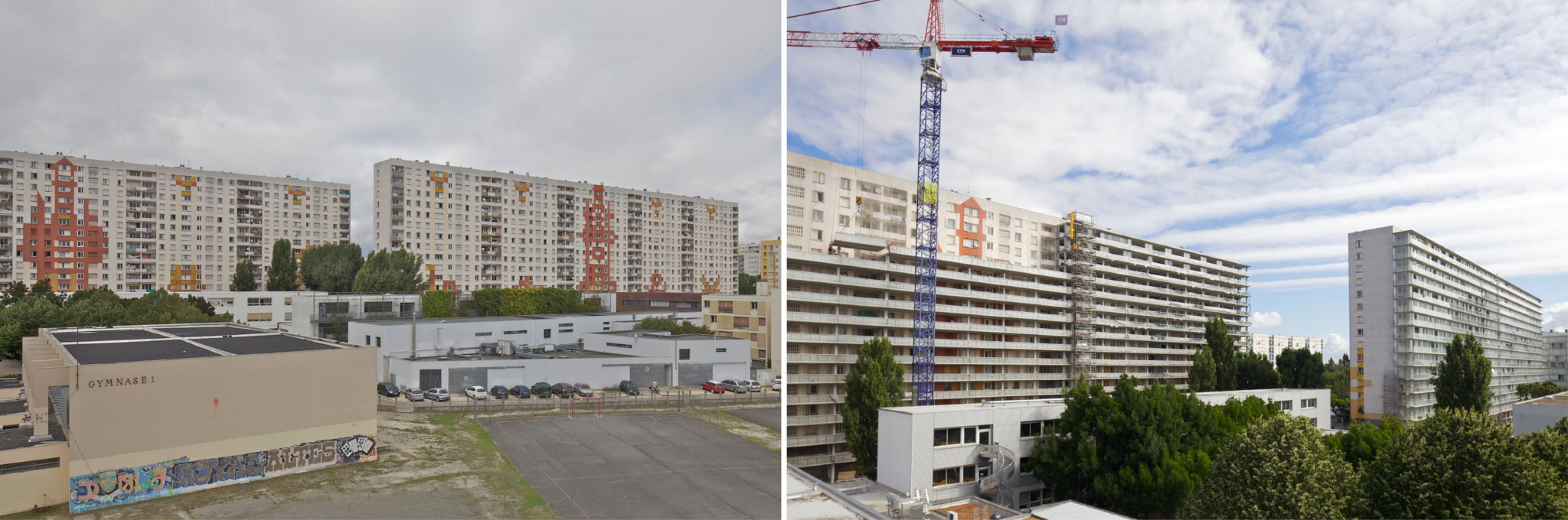 Before and after. Transformation of 530 dwellings, block G, H, I, Bordeaux, by Lacaton & Vassal with Frédéric Druot and Christophe Hutin.
