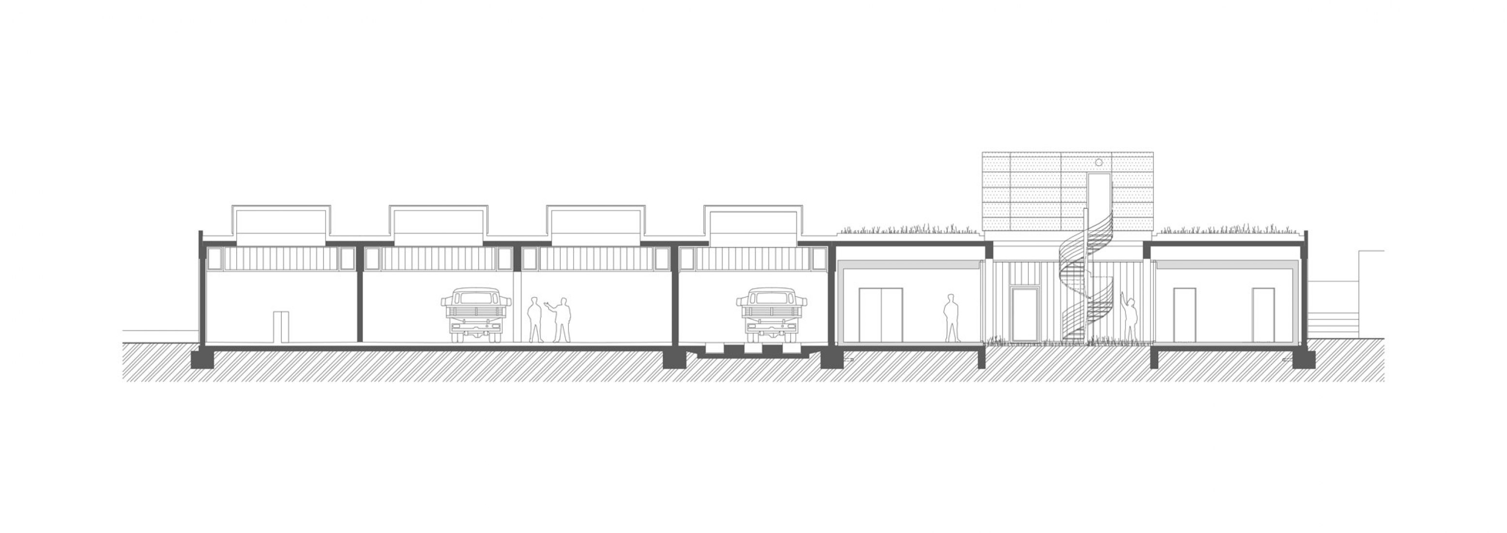 Longitudinal section. Technical Services Base Lysolaje by Progres architekti.