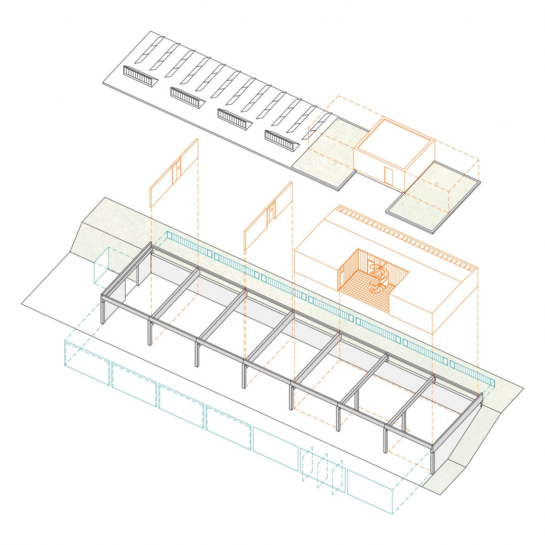 Axonometry. Technical Services Base Lysolaje by Progres architekti.
