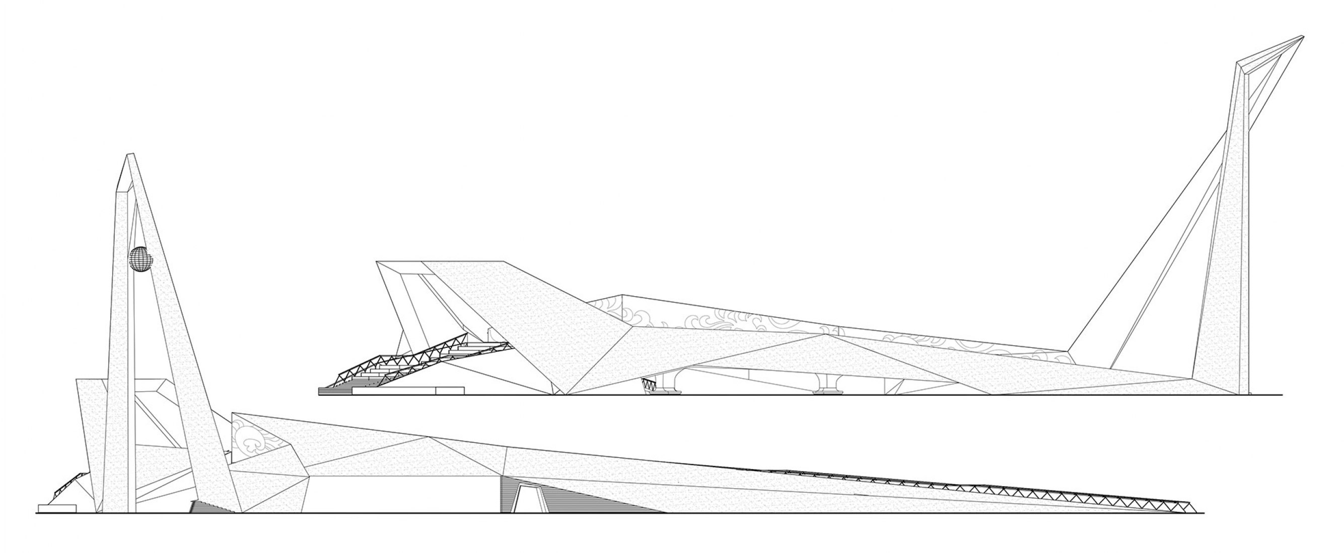 Alzados. Qingdao Wanda Victoria Bay Xifeng Bridge por PT Architecture Design.
