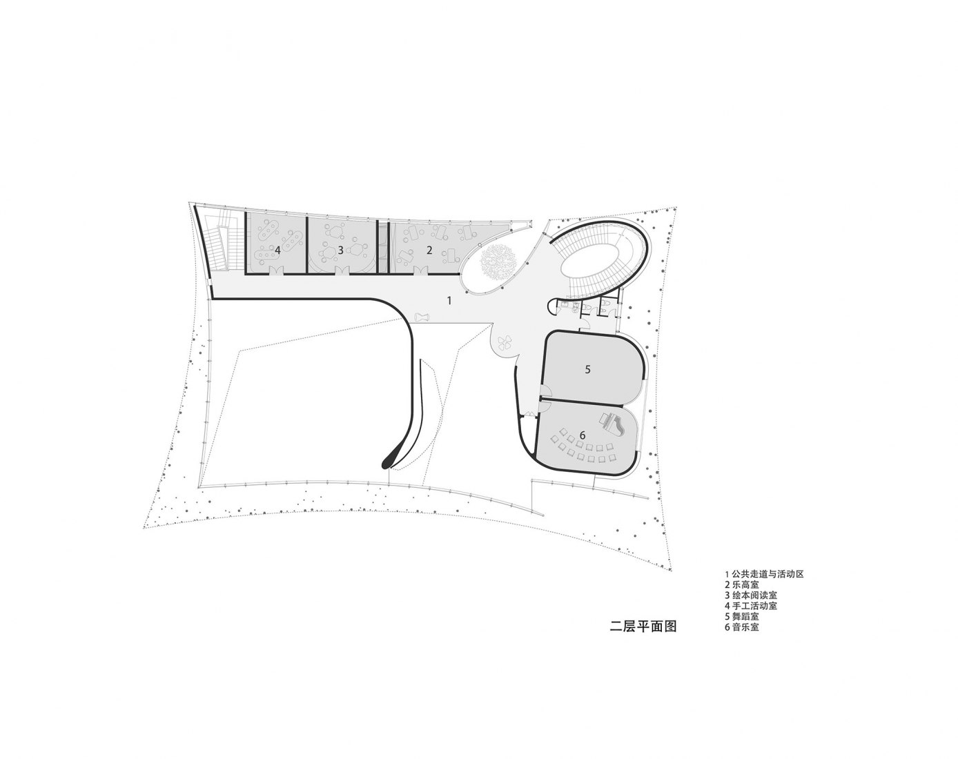 Second floor plan. Qingdao Atour Town Parent-Kid Centre. Design by Gn Architects.