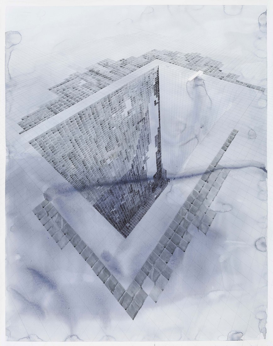«Piscina con doble trampolín I» por Rachel Valdés, 2023. Acuarela sobre cartulina (90 x 115 cm). Imagen cortesía de Rachel Valdés.