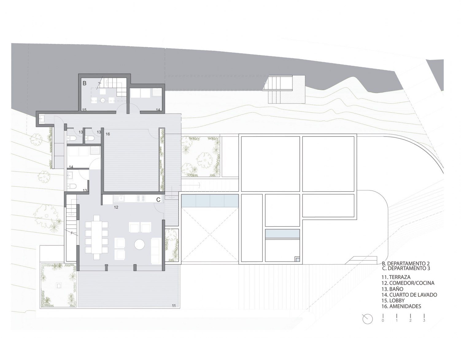 3 Level floor plan. Zoncuantla apartments by Rafael Pardo.