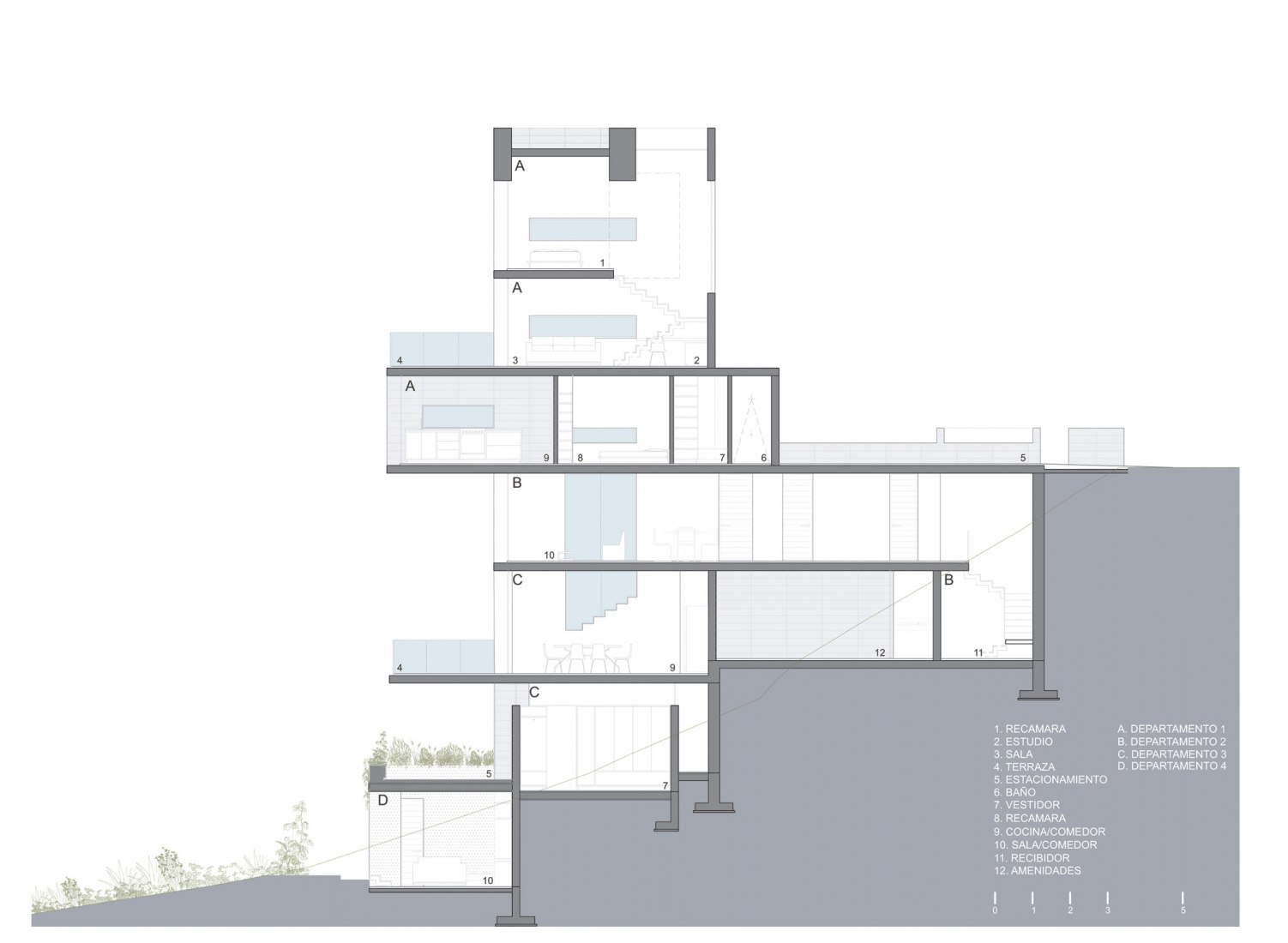 Section. Zoncuantla apartments by Rafael Pardo.