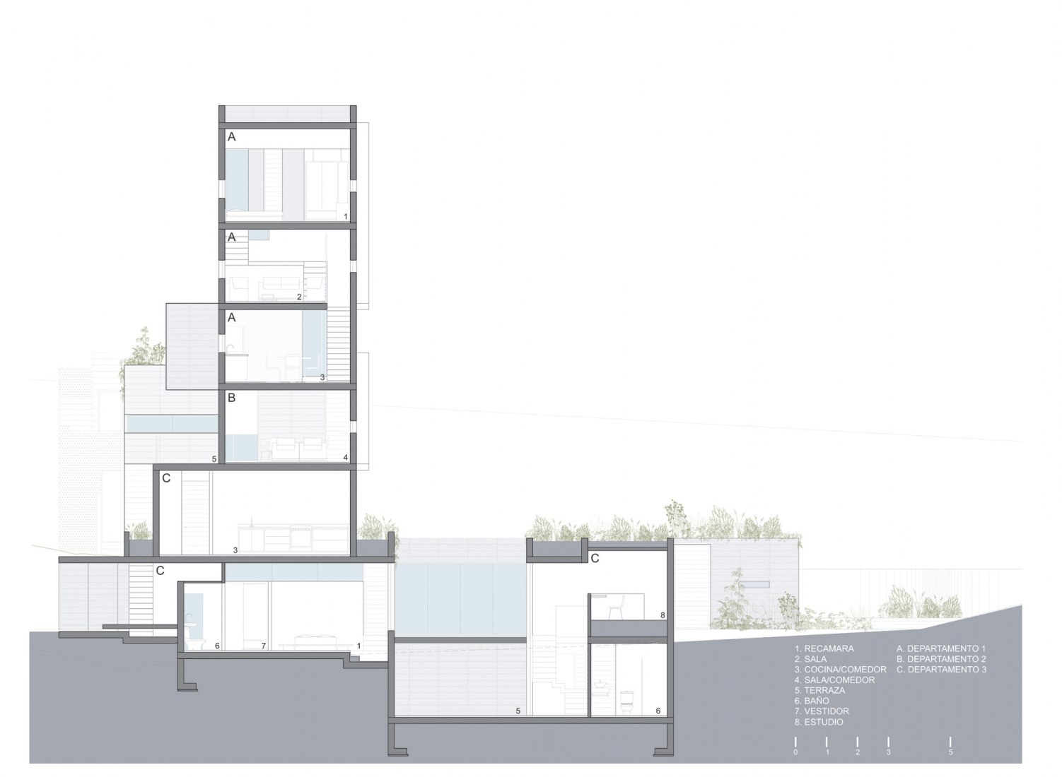 Section. Zoncuantla apartments by Rafael Pardo.