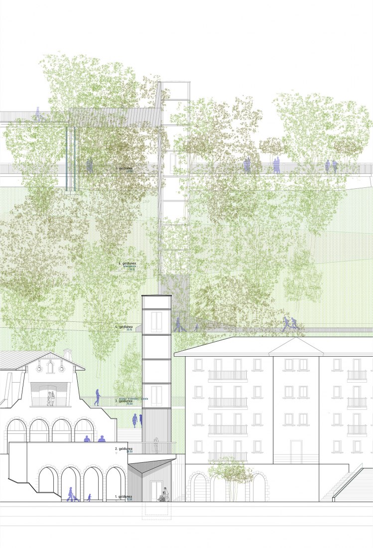 Alzado general. Cruzar el bosque. Reconexión urbana mediante dos ascensores públicos por VAUMM arkitektura