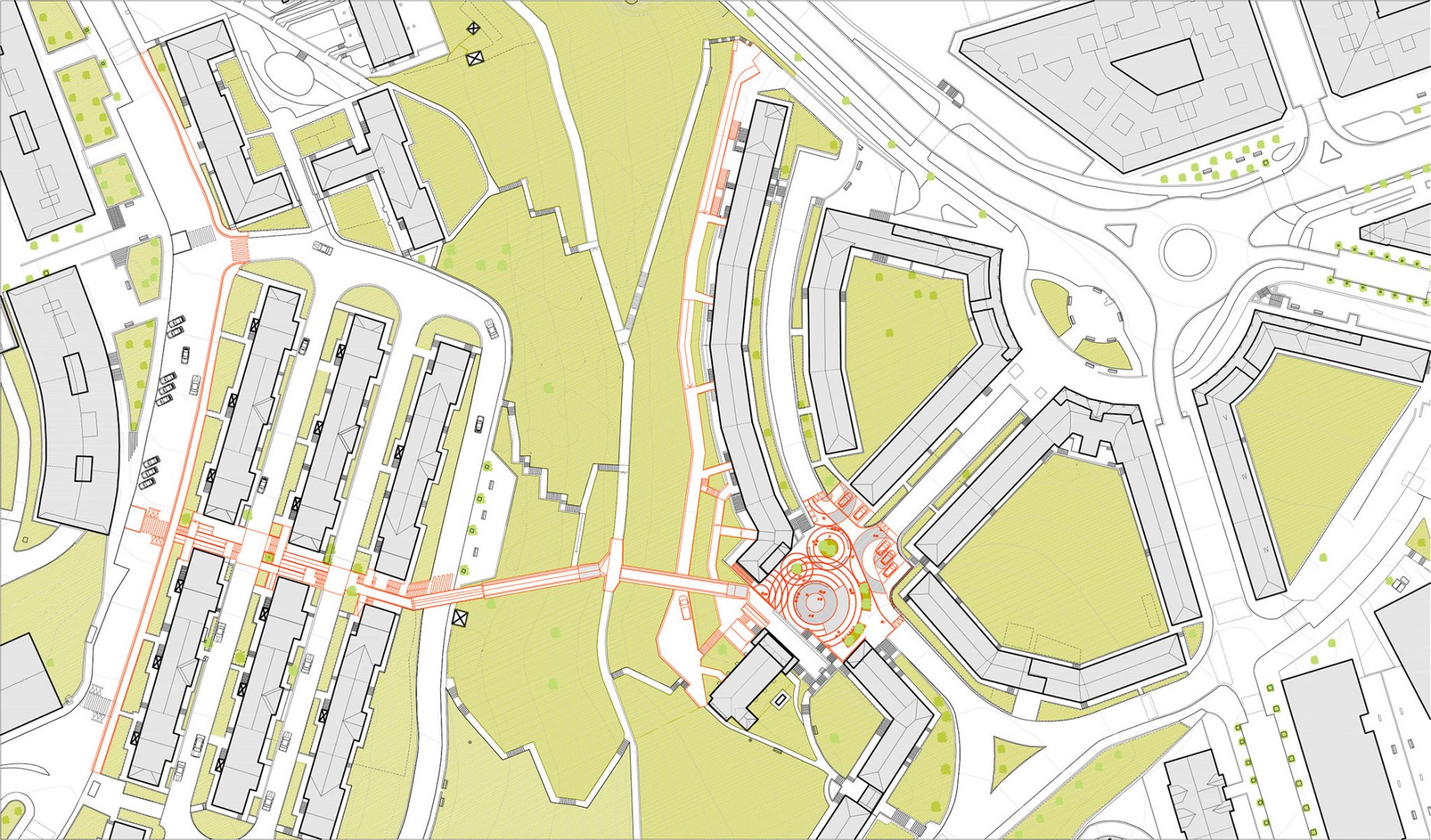 Plano de situación. Cruzar el bosque. Reconexión urbana mediante dos ascensores públicos por VAUMM arkitektura