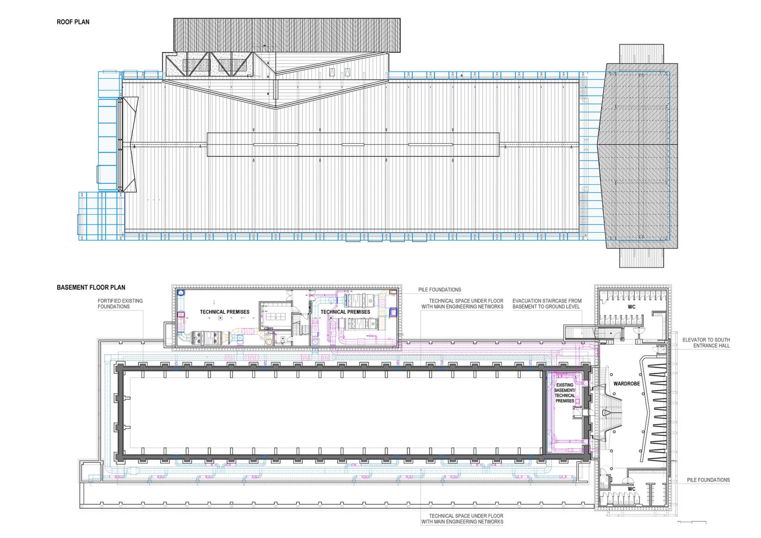 Basement and roof plans. Hanzas Perons by Reinis Liepins, Sudraba Arhitektura.