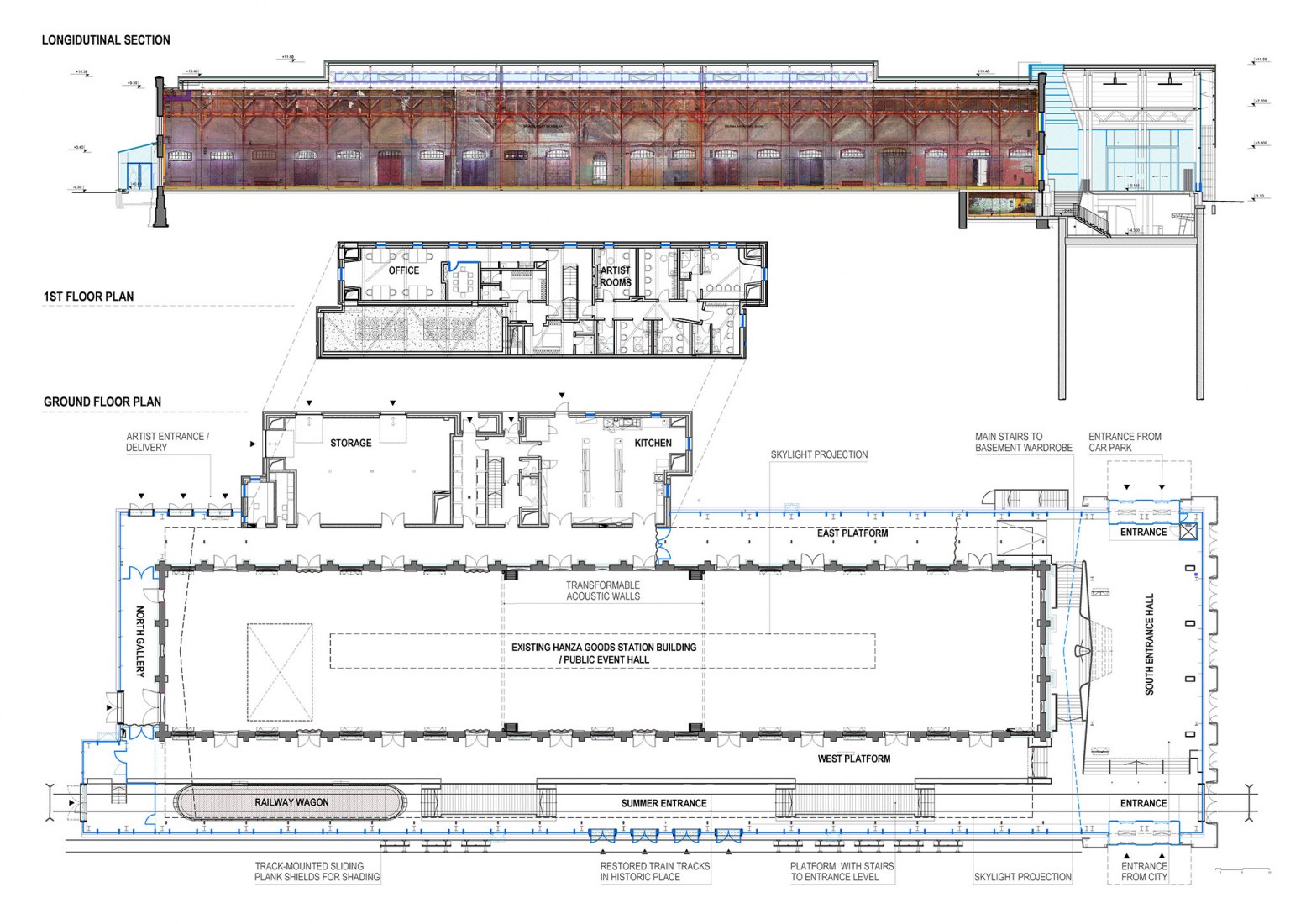 Ground floor, first floor and section. Hanzas Perons by Reinis Liepins, Sudraba Arhitektura.