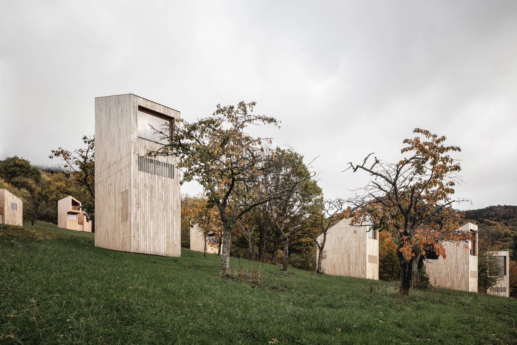 14 pabellones salpicando la colina. Hotel paisajístico Breitenbach por Reiulf Ramstad Arkitekter. Fotografía de Florent Michel @ 11h45