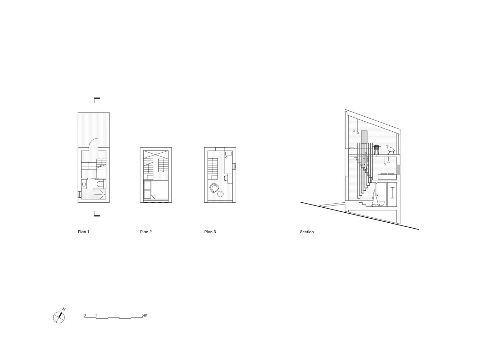 Plano de plantas 1, 2, 3 y sección. Breitenbach Landscape Hotel 48 ° Nord por Reiulf Ramstad Arkitekter