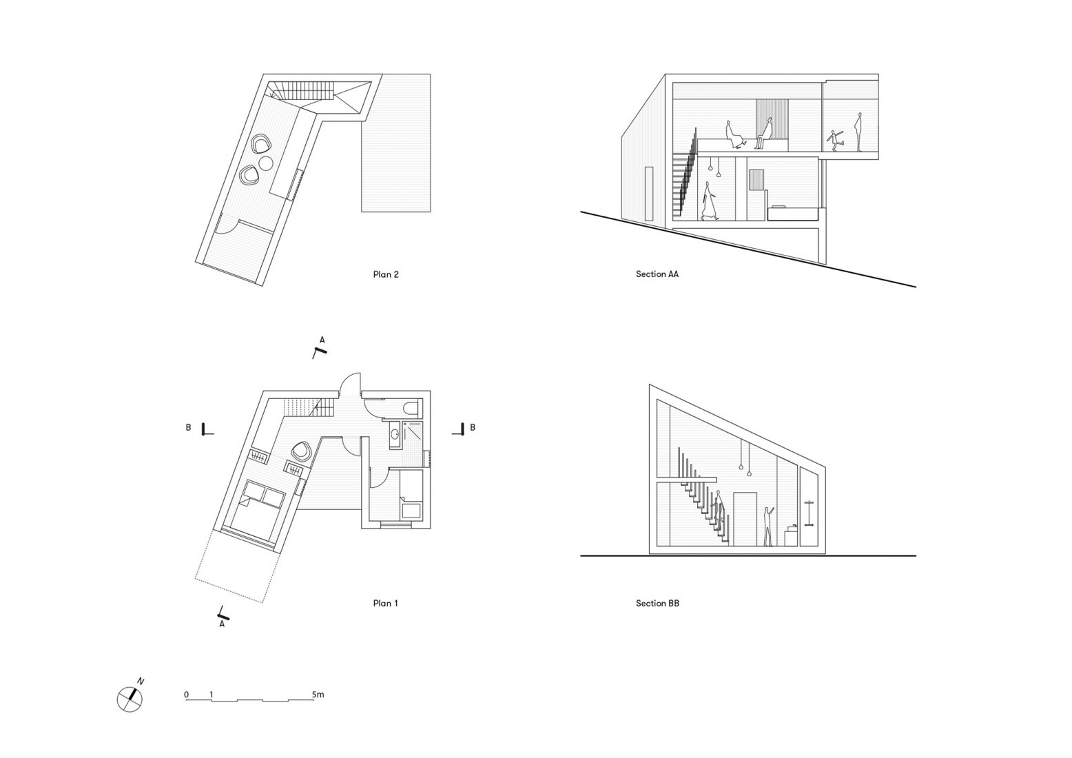 Plano de plantas 1, 2, sección AA y sección BB. Breitenbach Landscape Hotel 48 ° Nord por Reiulf Ramstad Arkitekter