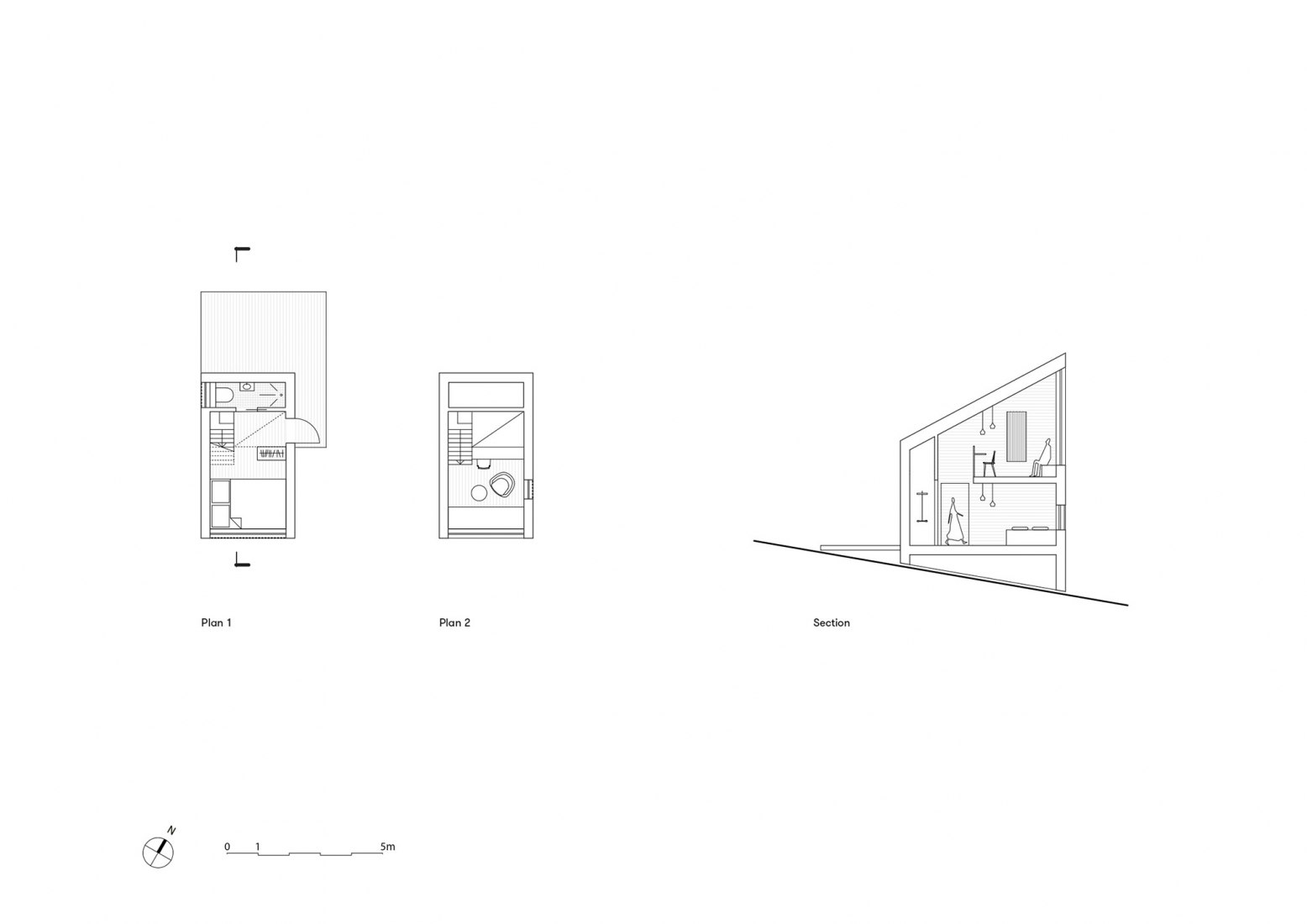 Plano de plantas 1, 2, sección. Breitenbach Landscape Hotel 48 ° Nord por Reiulf Ramstad Arkitekter