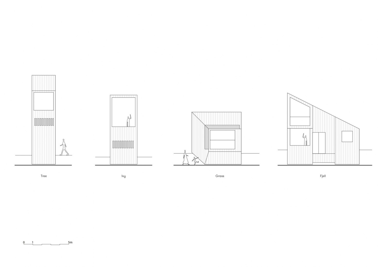 Alzado pabellones Tree, Ivy, Grass y Fjell. Breitenbach Landscape Hotel 48 ° Nord por Reiulf Ramstad Arkitekte