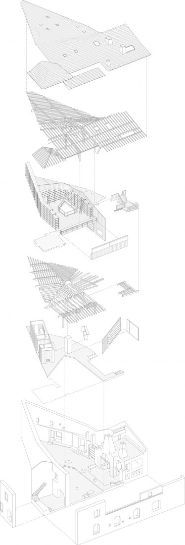 Axonometría. Renovación del edificio de la Antigua Sociedad de Cerámica por Luisa Bebiano Arquitectos y Atelier do Corvo.