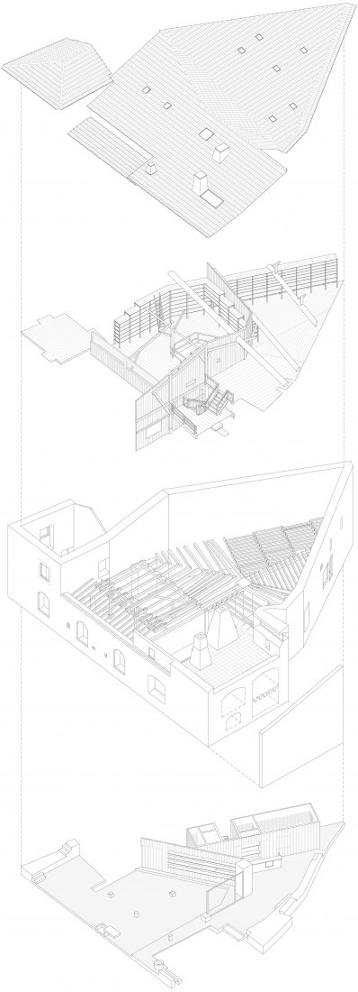 Axonometría. Renovación del edificio de la Antigua Sociedad de Cerámica por Luisa Bebiano Arquitectos y Atelier do Corvo.